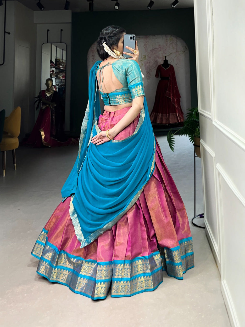 Stunning Kanchipuram Silk Zari Weaving Worked Lehenga Choli - Ethnicwish