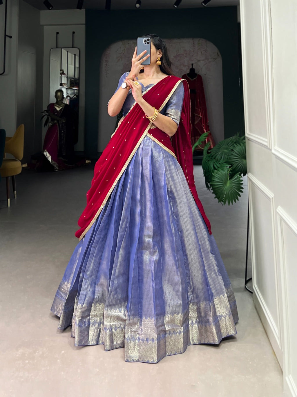 Majestic Kanchipuram Silk Zari Weaving Worked Lehenga Choli - Ethnicwish