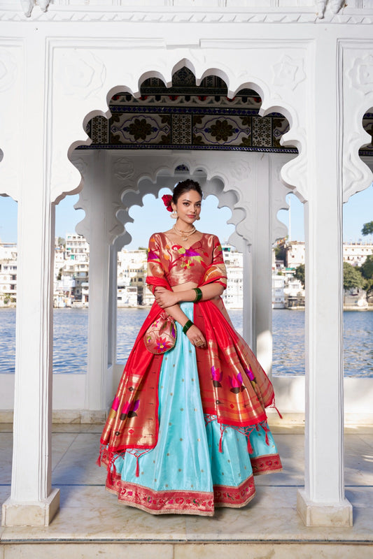 Amazing Paithani Jacquard Silk Weaving Zari Worked Lehenga Choli - Ethnicwish