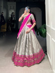 Gray Jacquard Silk Weaving Worked Lehenga Choli Set - ETHNICDEAL