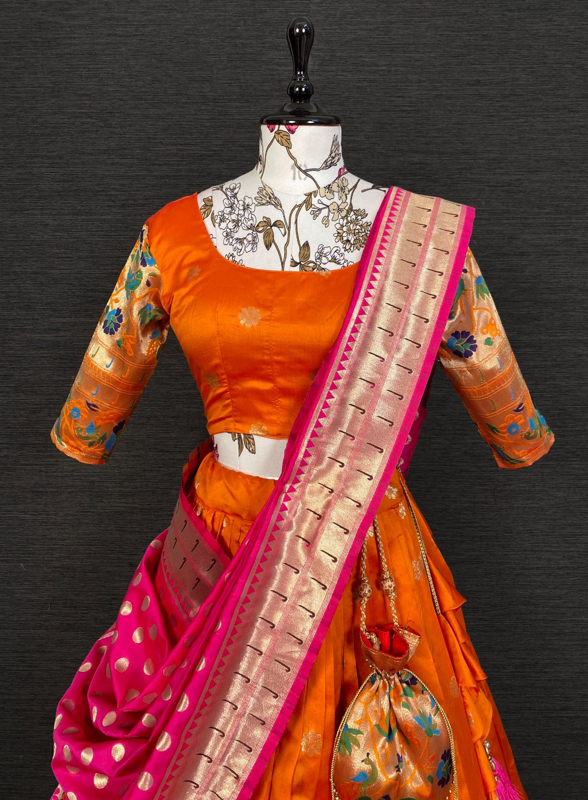 Resplendent Orange Paithani Silk Weaving Zari Worked Lehenga Choli - Ethnicwish