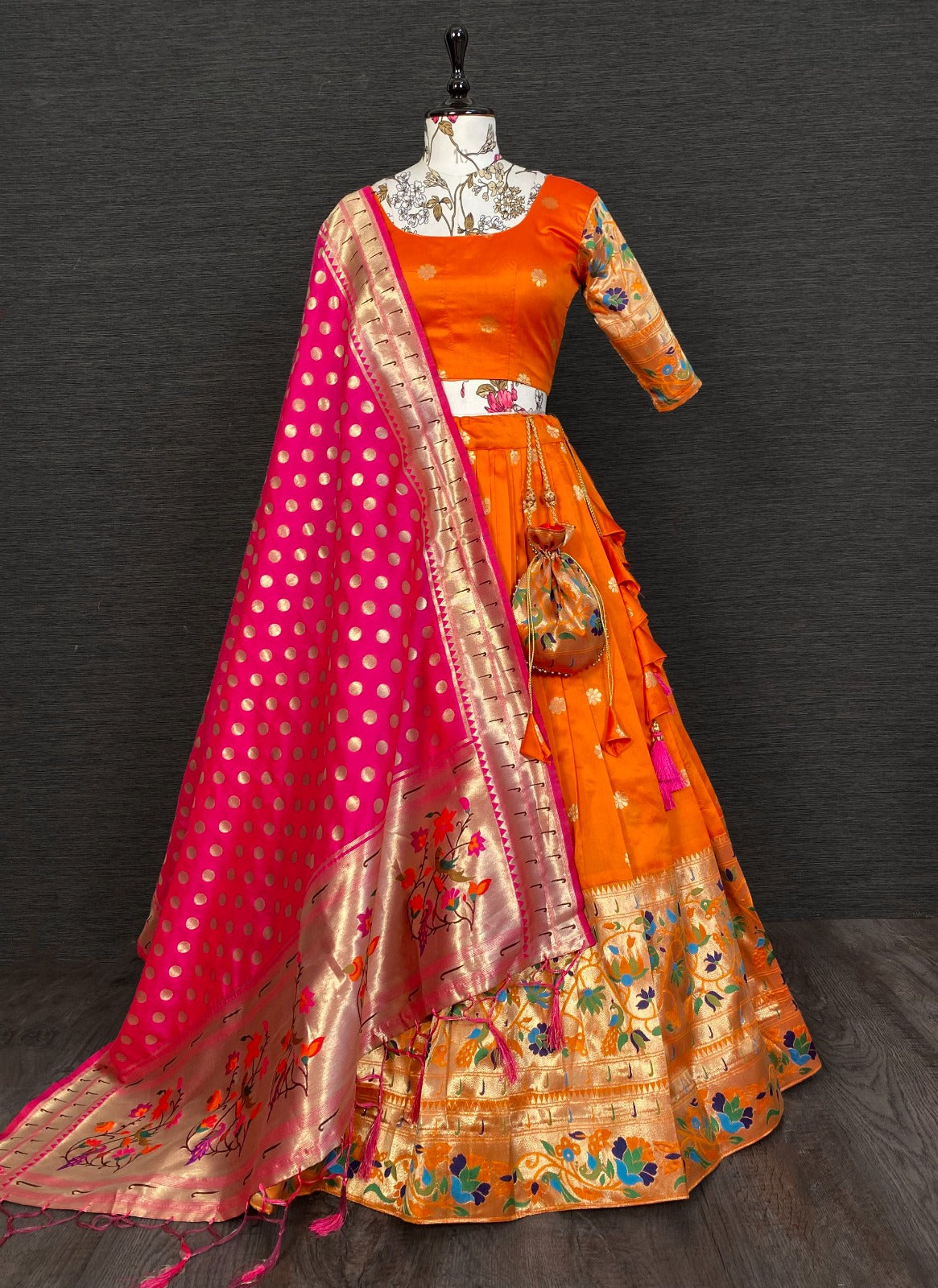 Resplendent Orange Paithani Silk Weaving Zari Worked Lehenga Choli - Ethnicwish