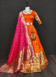 Resplendent Orange Paithani Silk Weaving Zari Worked Lehenga Choli - Ethnicwish