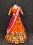 Resplendent Orange Paithani Silk Weaving Zari Worked Lehenga Choli - Ethnicwish