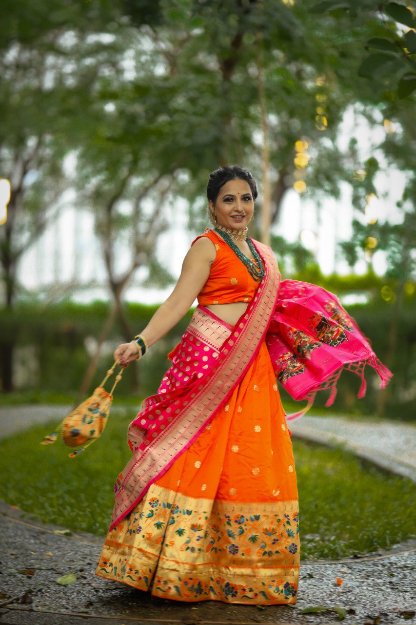 Resplendent Orange Paithani Silk Weaving Zari Worked Lehenga Choli - Ethnicwish