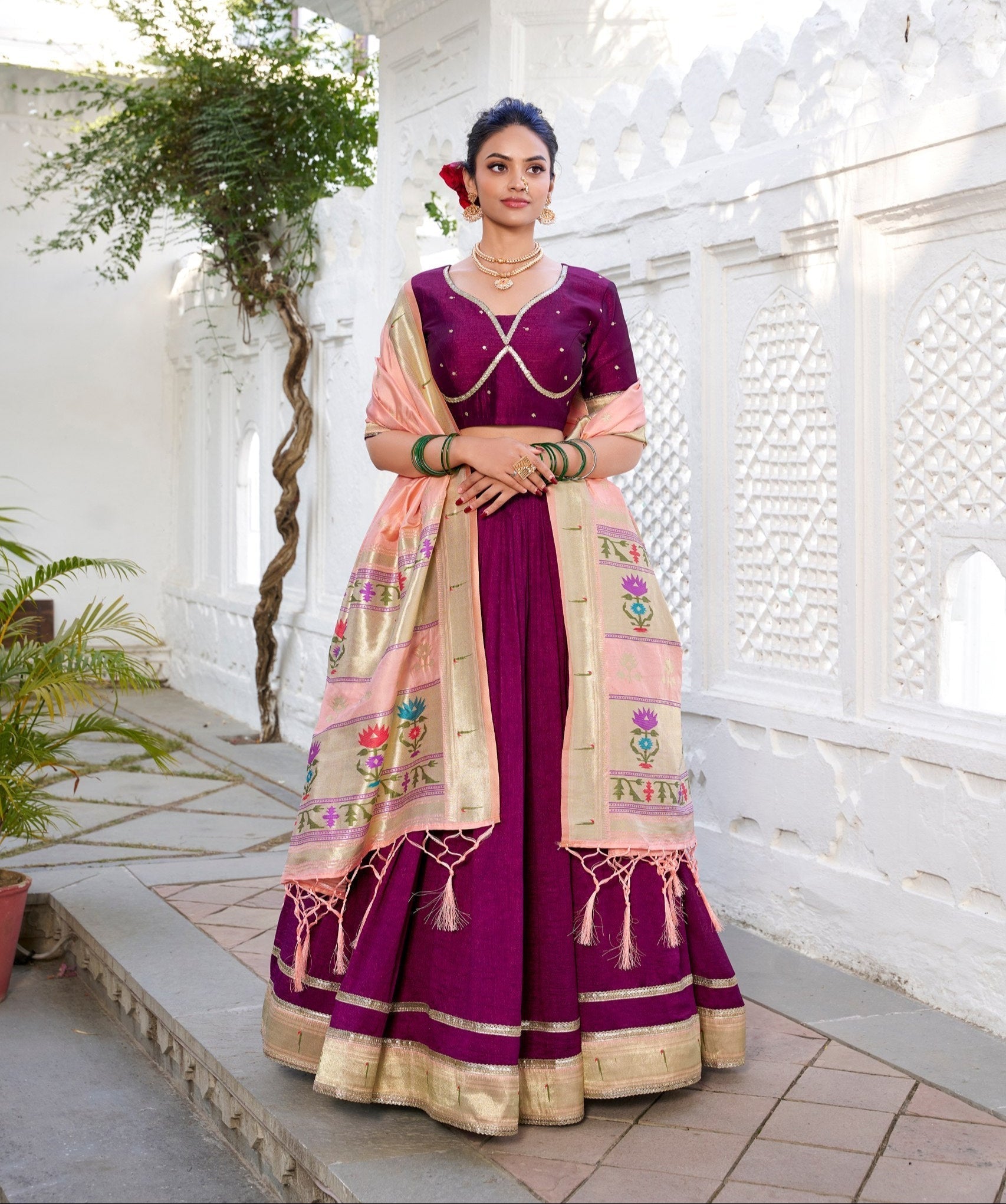 Exquisite Wine Vichitra Silk Paithani Lace Border Worked Lehenga Choli - Ethnicwish
