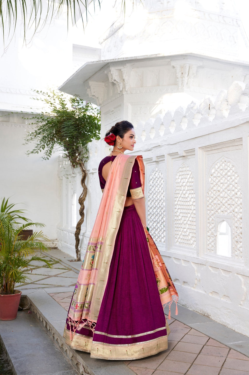 Exquisite Wine Vichitra Silk Paithani Lace Border Worked Lehenga Choli - Ethnicwish