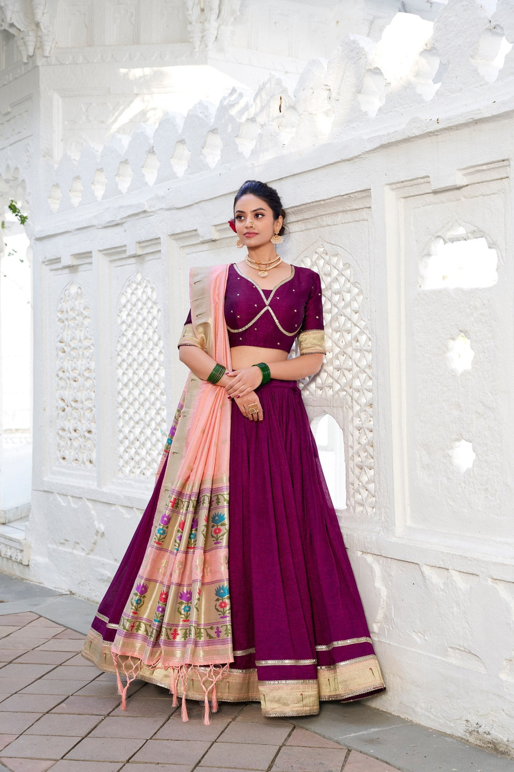 Exquisite Wine Vichitra Silk Paithani Lace Border Worked Lehenga Choli - Ethnicwish