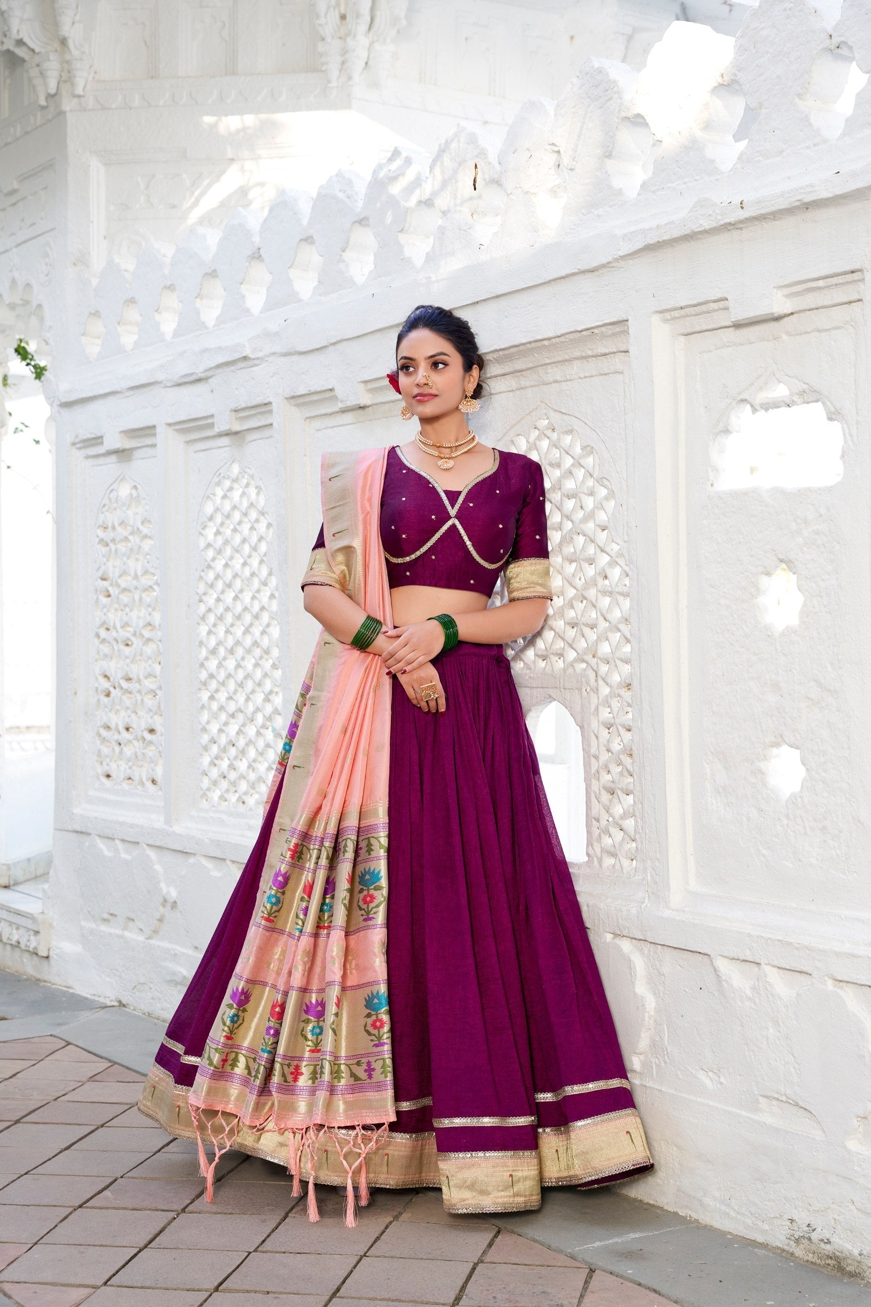 Exquisite Wine Vichitra Silk Paithani Lace Border Worked Lehenga Choli - Ethnicwish