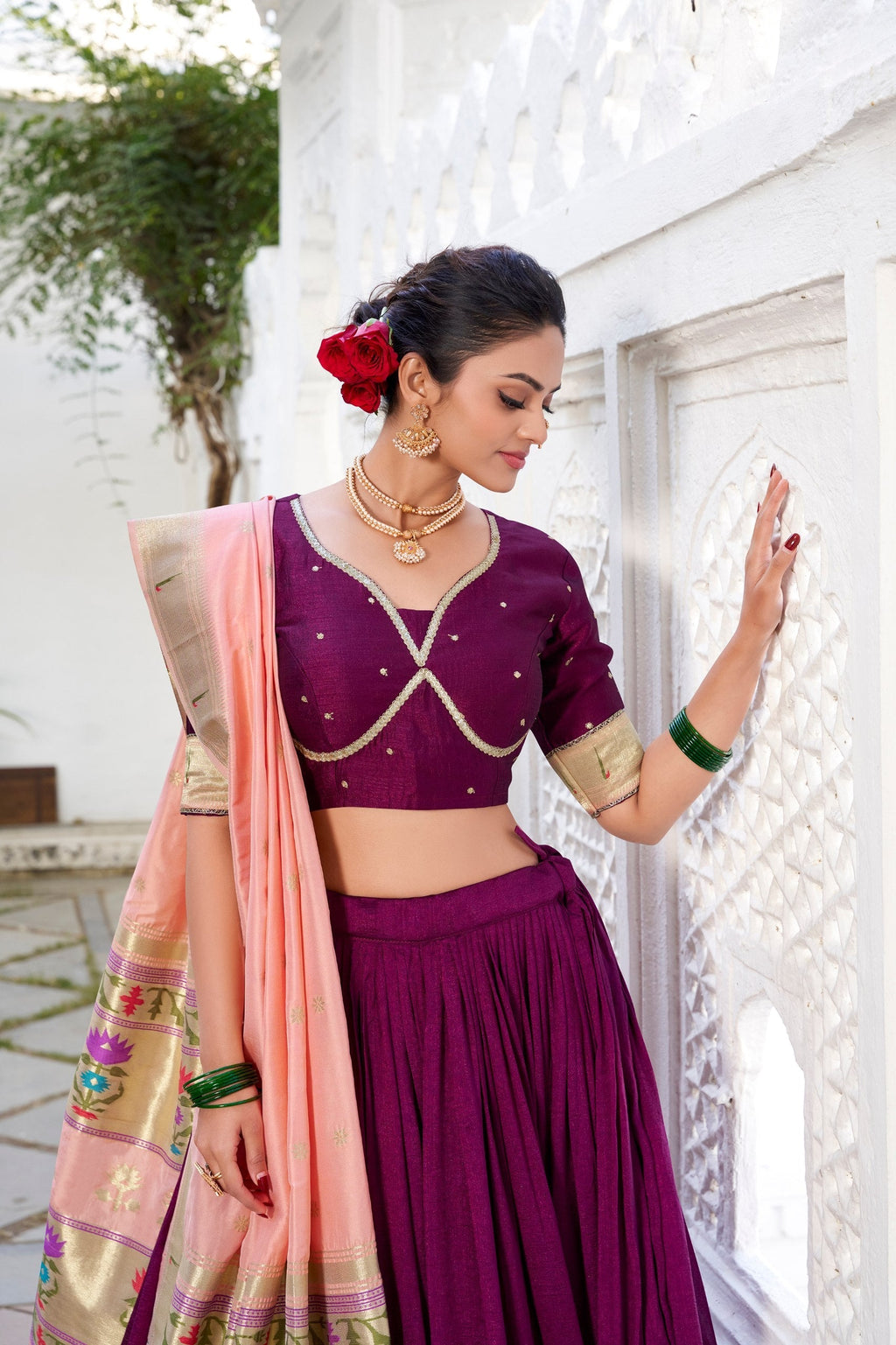 Exquisite Wine Vichitra Silk Paithani Lace Border Worked Lehenga Choli - Ethnicwish