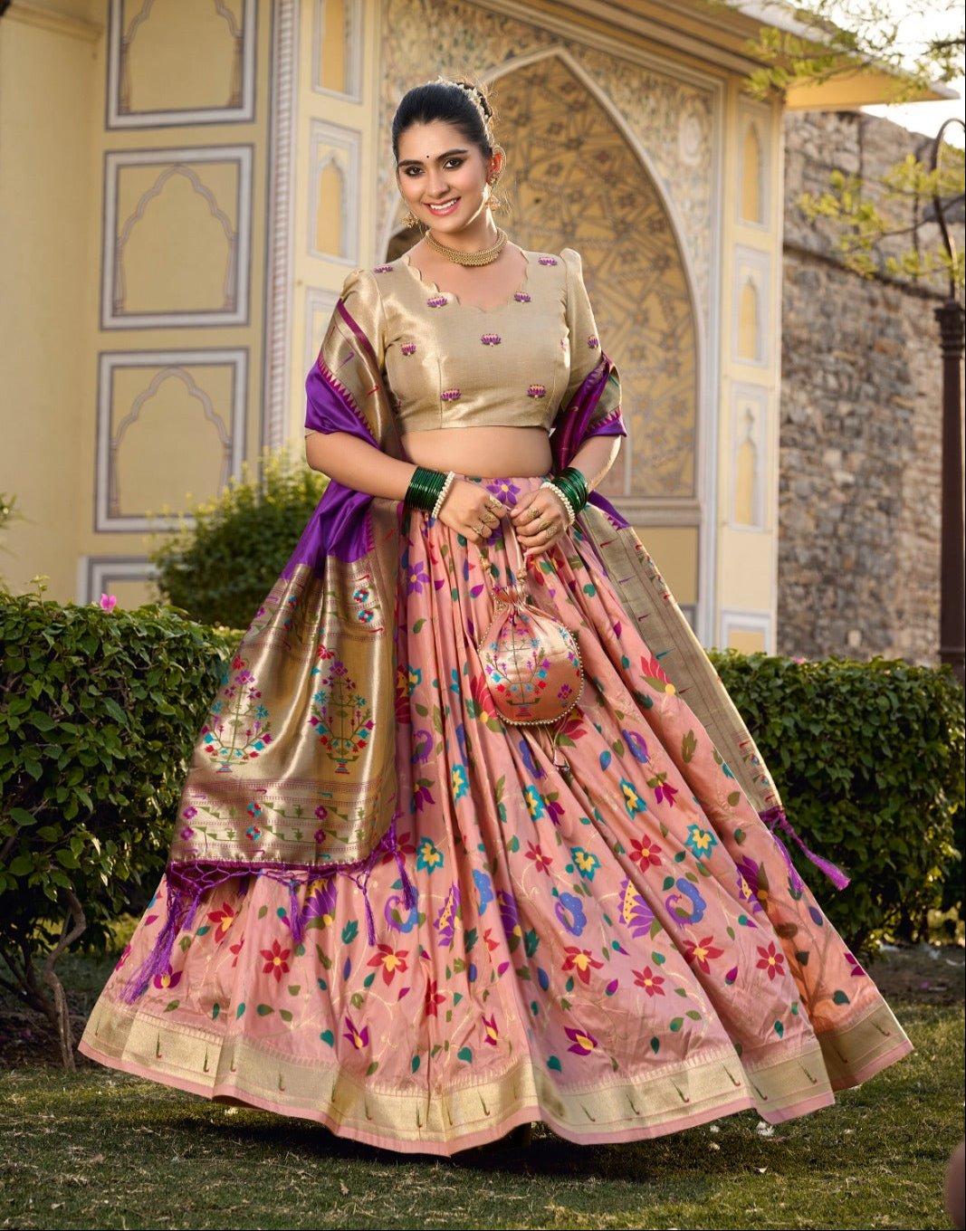Enamoring Peach Jacquard Silk Weaving Zari Worked Lehenga Choli - Ethnicwish