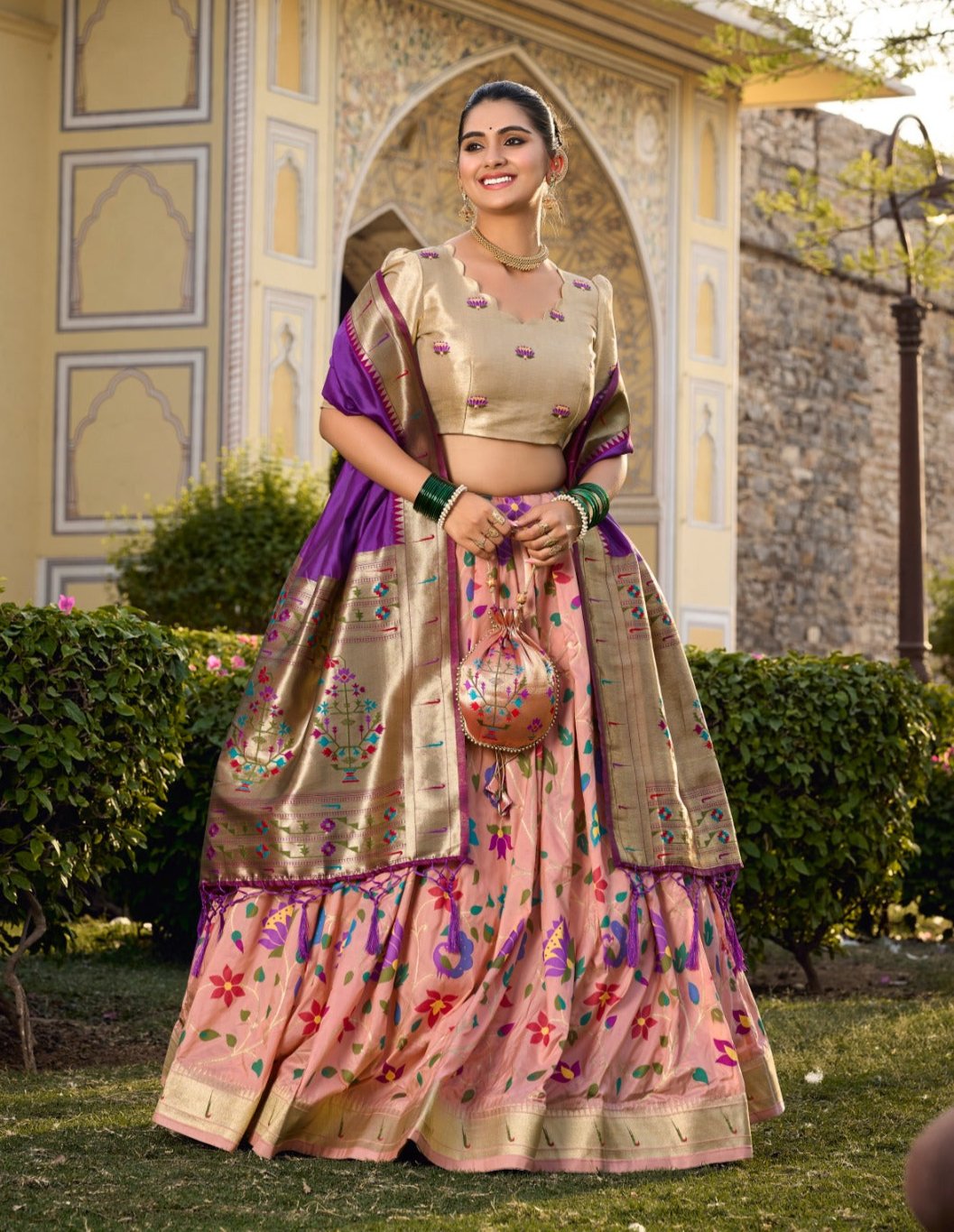 Enamoring Peach Jacquard Silk Weaving Zari Worked Lehenga Choli - Ethnicwish