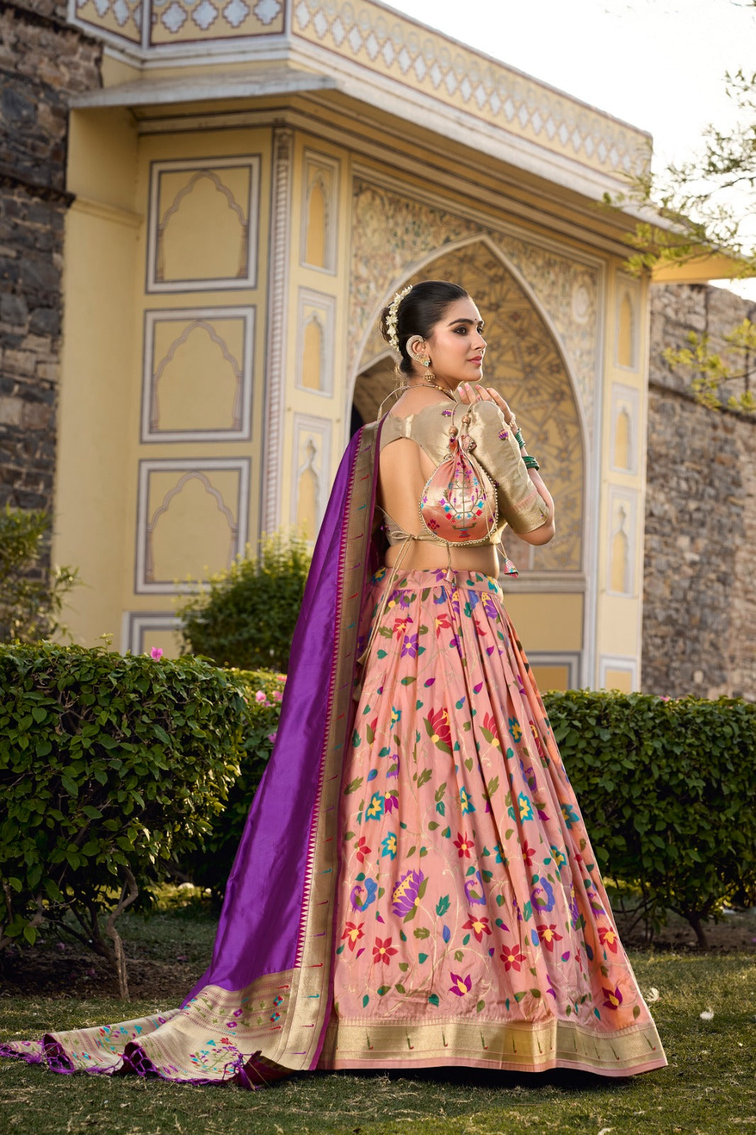 Enamoring Peach Jacquard Silk Weaving Zari Worked Lehenga Choli - Ethnicwish