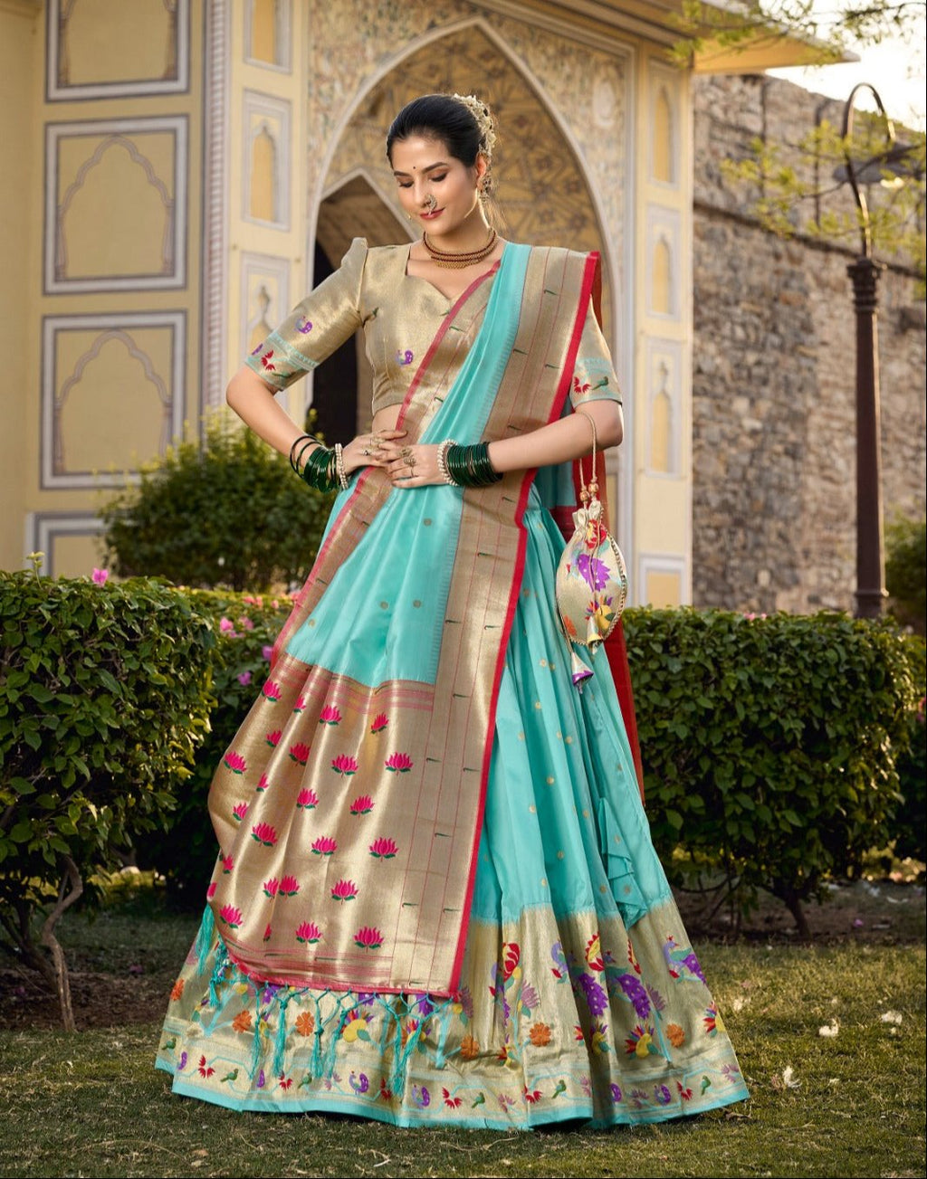Winsome Sky Blue Jacquard Silk Weaving Zari Worked Lehenga Choli - Ethnicwish