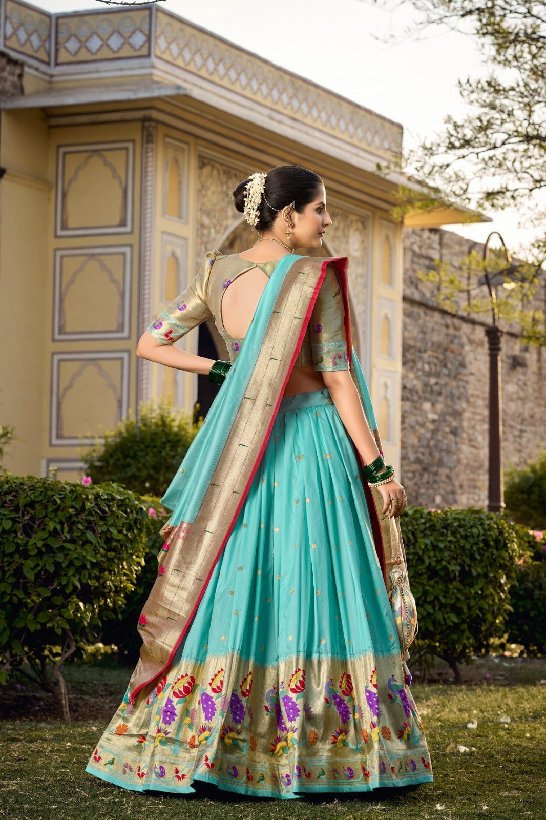 Winsome Sky Blue Jacquard Silk Weaving Zari Worked Lehenga Choli - Ethnicwish