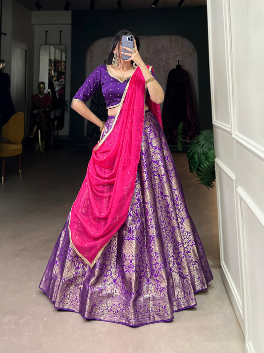 Breathtaking Purple Jacquard Silk Zari Weaving Worked Lehenga Choli - Ethnicwish