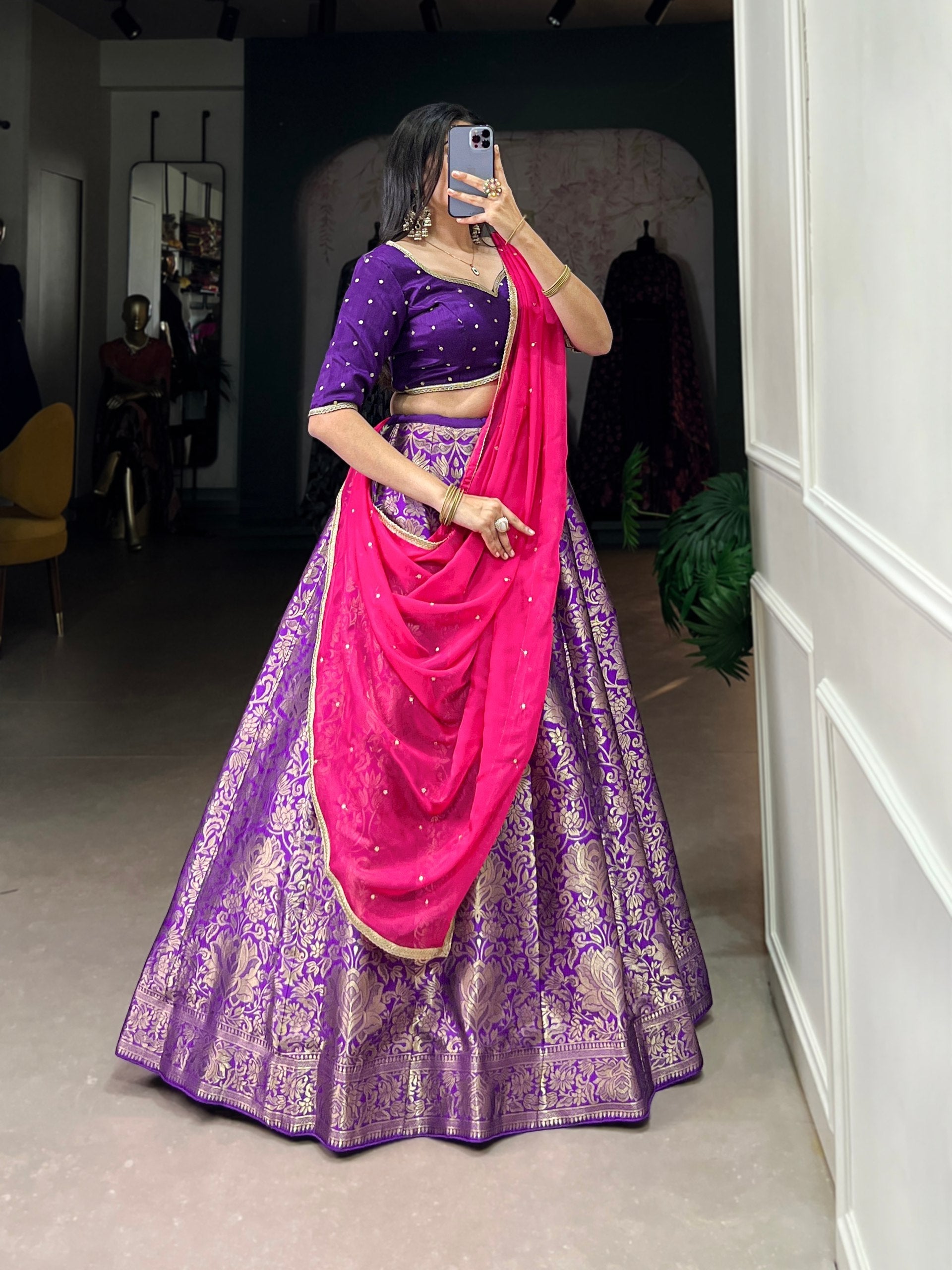 Breathtaking Purple Jacquard Silk Zari Weaving Worked Lehenga Choli - Ethnicwish