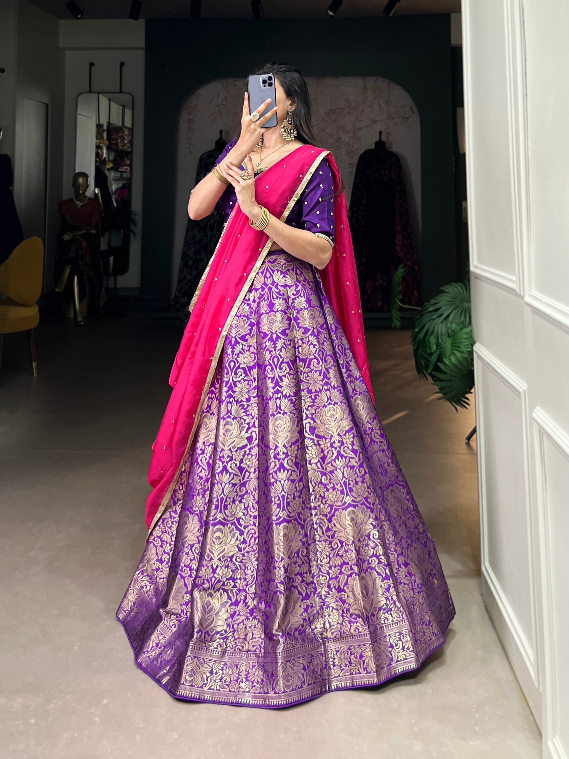 Breathtaking Purple Jacquard Silk Zari Weaving Worked Lehenga Choli - Ethnicwish