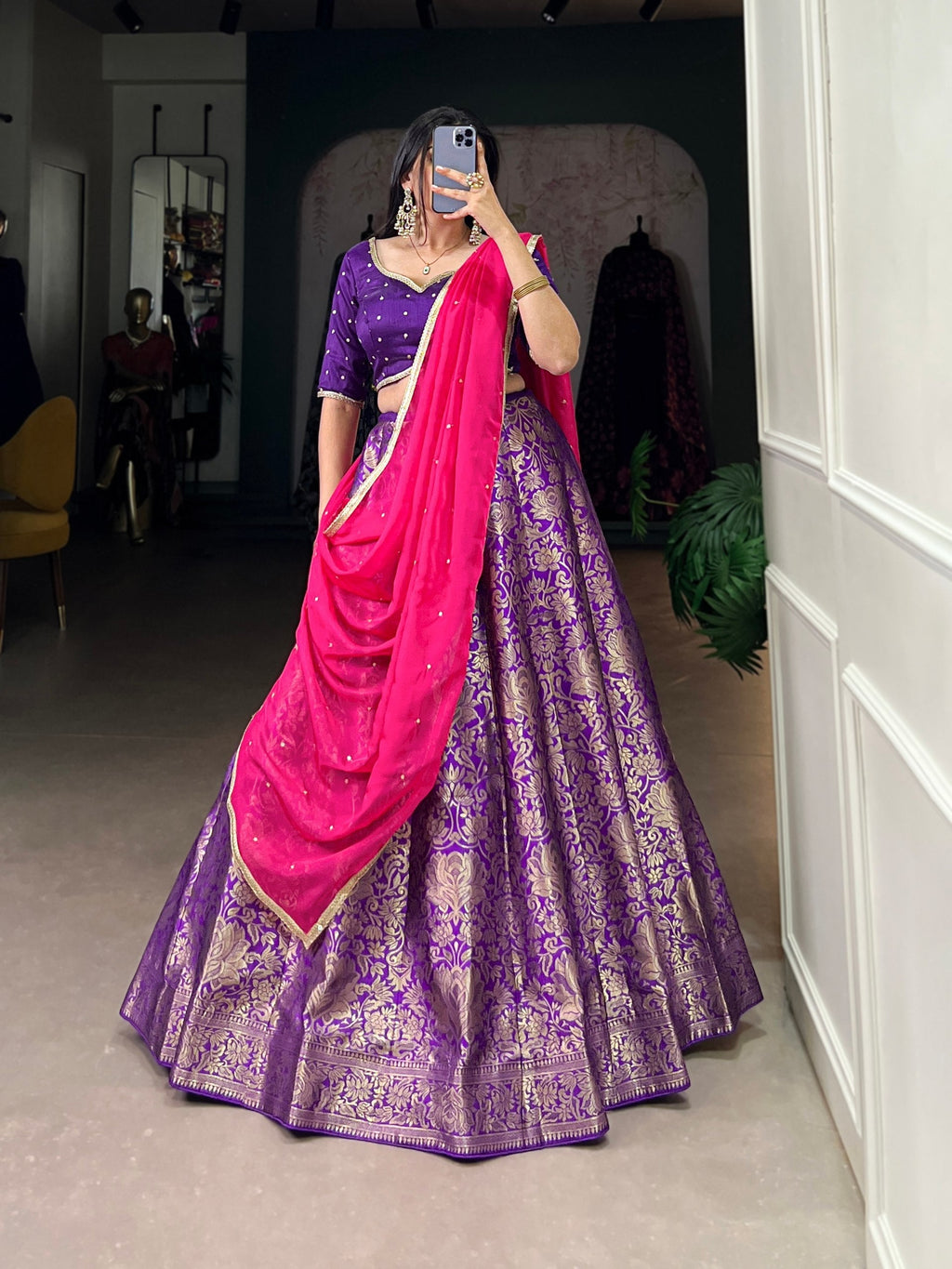 Breathtaking Purple Jacquard Silk Zari Weaving Worked Lehenga Choli - Ethnicwish
