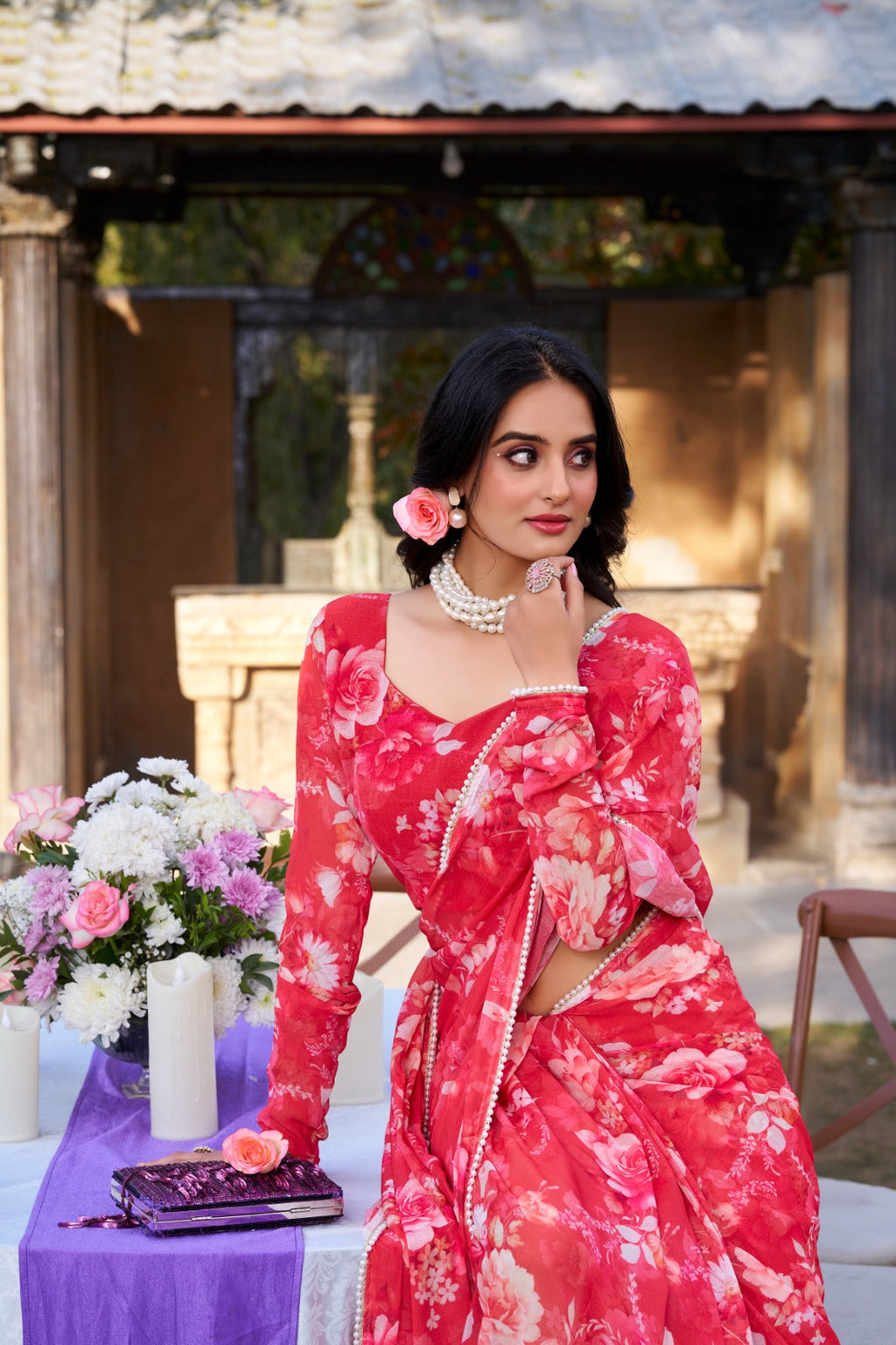 Radiant Georgette Floral Digital Printed Pearl Lace Worked Saree - ETHNICDEAL