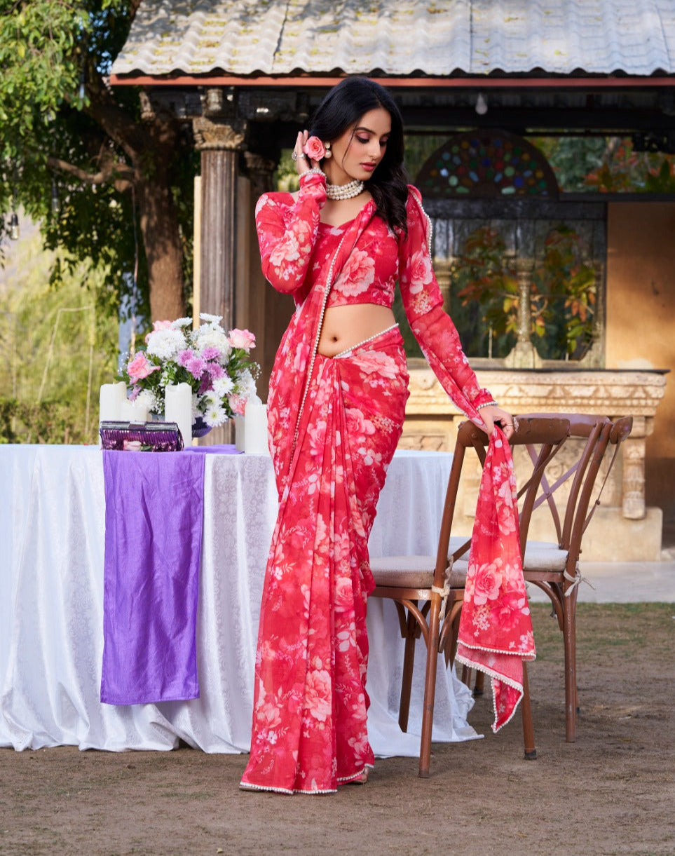 Radiant Georgette Floral Digital Printed Pearl Lace Worked Saree - ETHNICDEAL