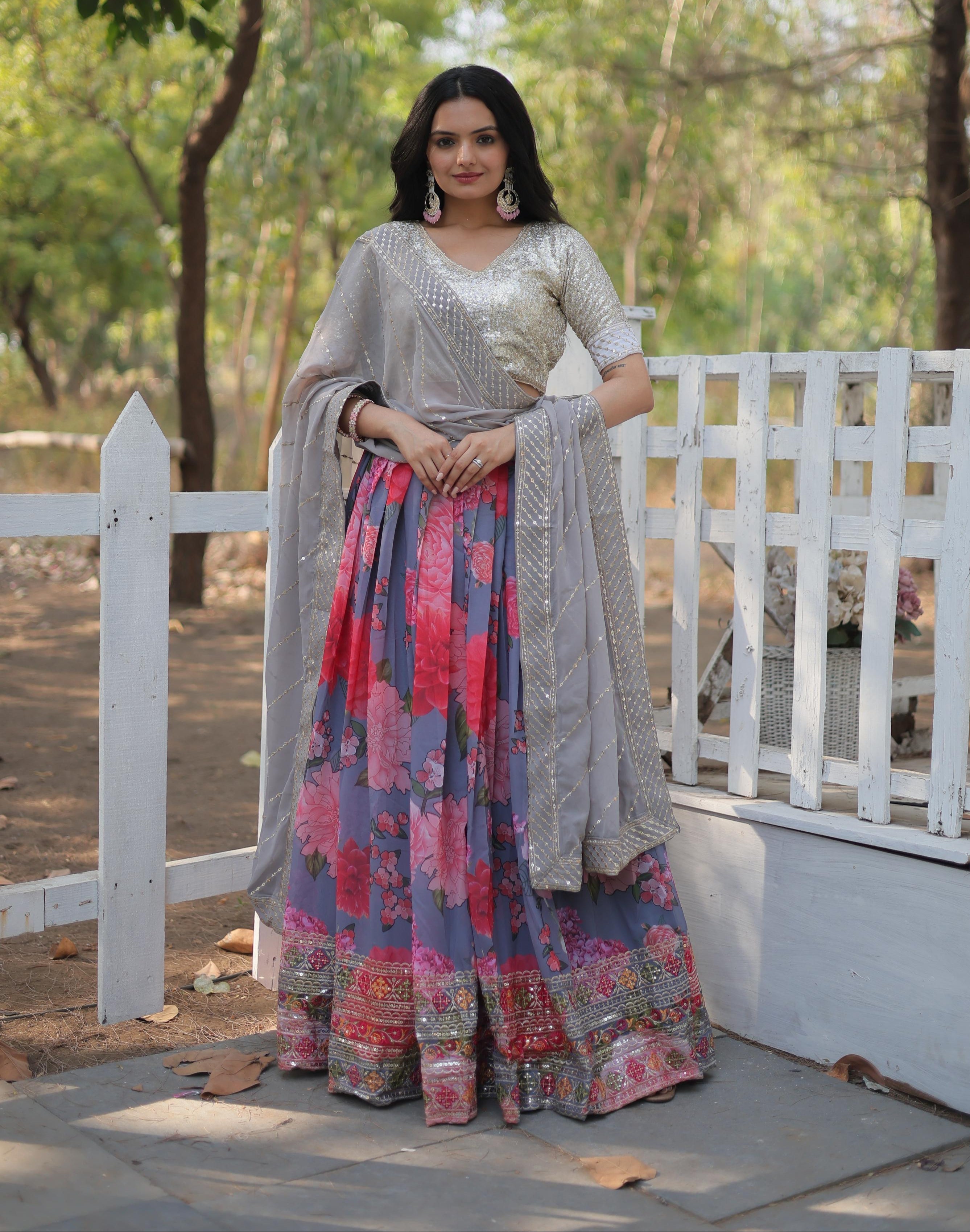 Elegant Faux Georgette Floral Printed Sequins Embroidered Lehenga Choli - Ethnicwish