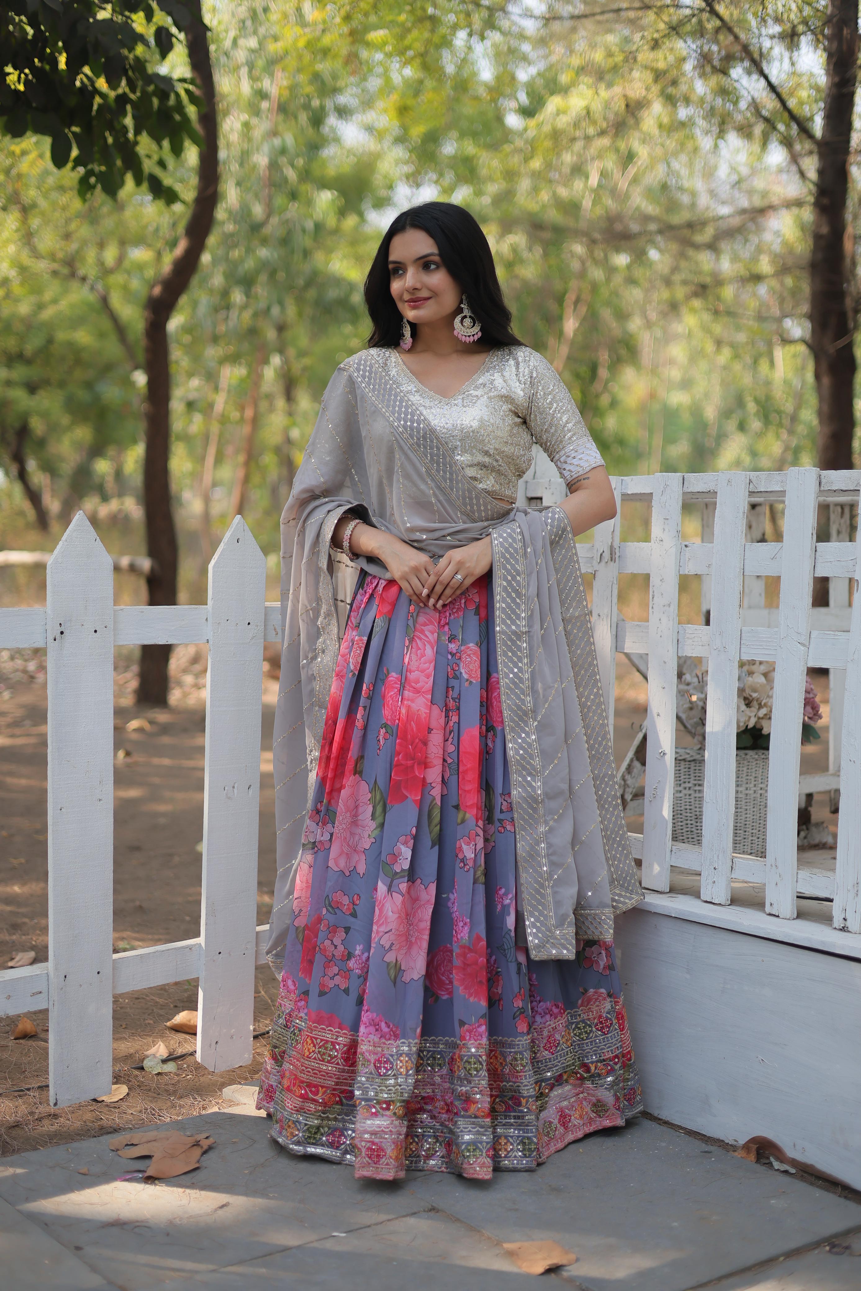 Elegant Faux Georgette Floral Printed Sequins Embroidered Lehenga Choli - Ethnicwish