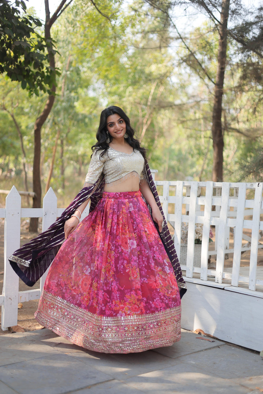 Enchanting Pink Georgette Floral Printed Sequins Embroidered Lehenga Set - Ethnicwish