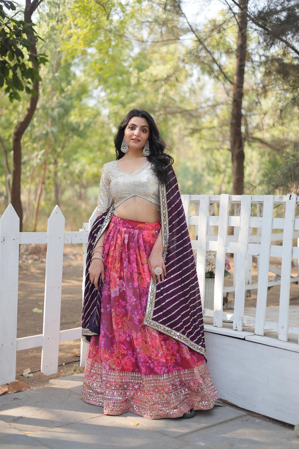 Enchanting Pink Georgette Floral Printed Sequins Embroidered Lehenga Set - Ethnicwish