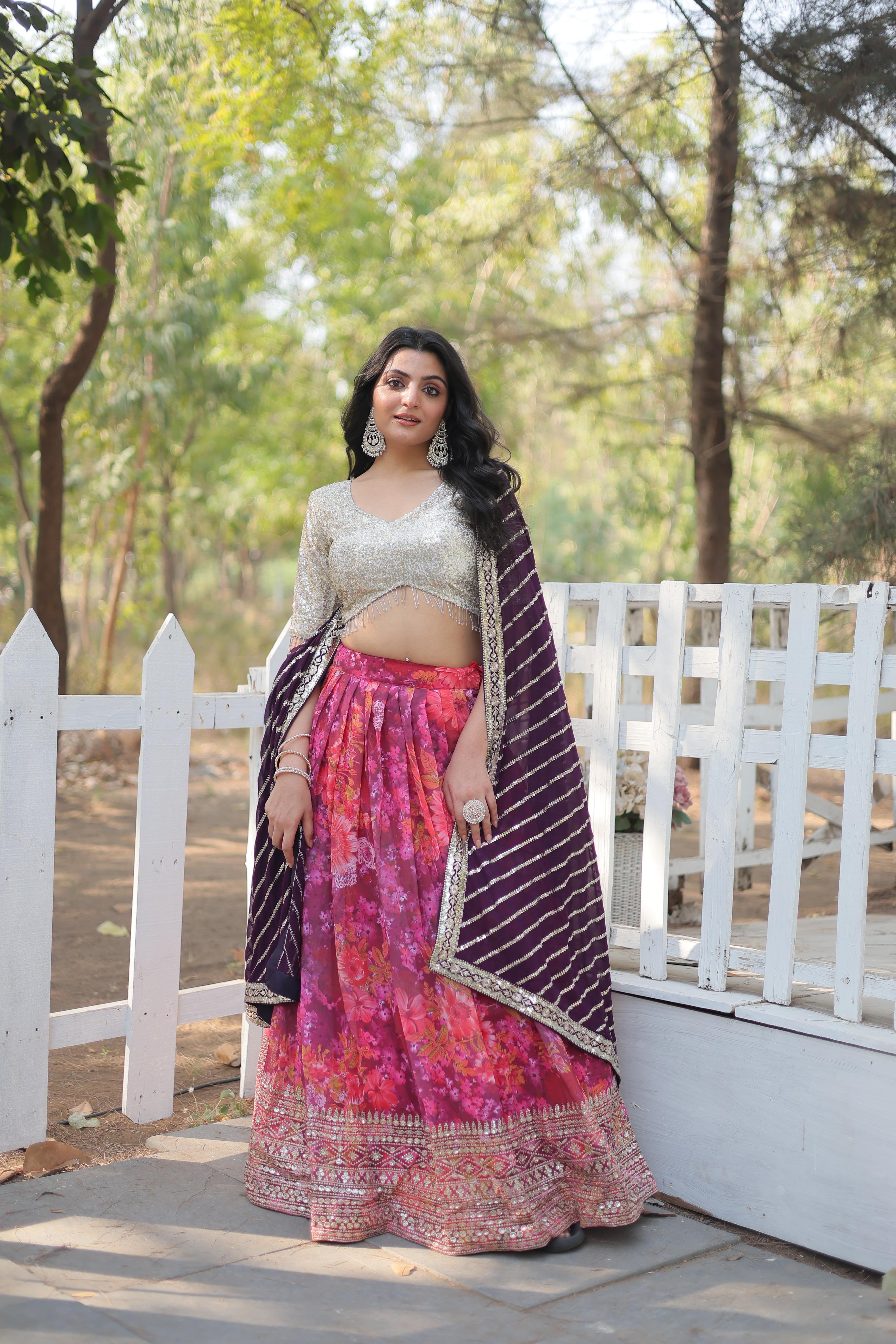 Enchanting Pink Georgette Floral Printed Sequins Embroidered Lehenga Set - Ethnicwish