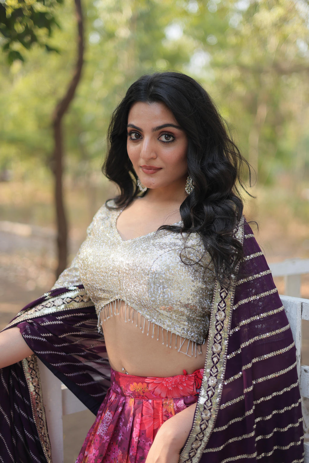 Enchanting Pink Georgette Floral Printed Sequins Embroidered Lehenga Set - Ethnicwish