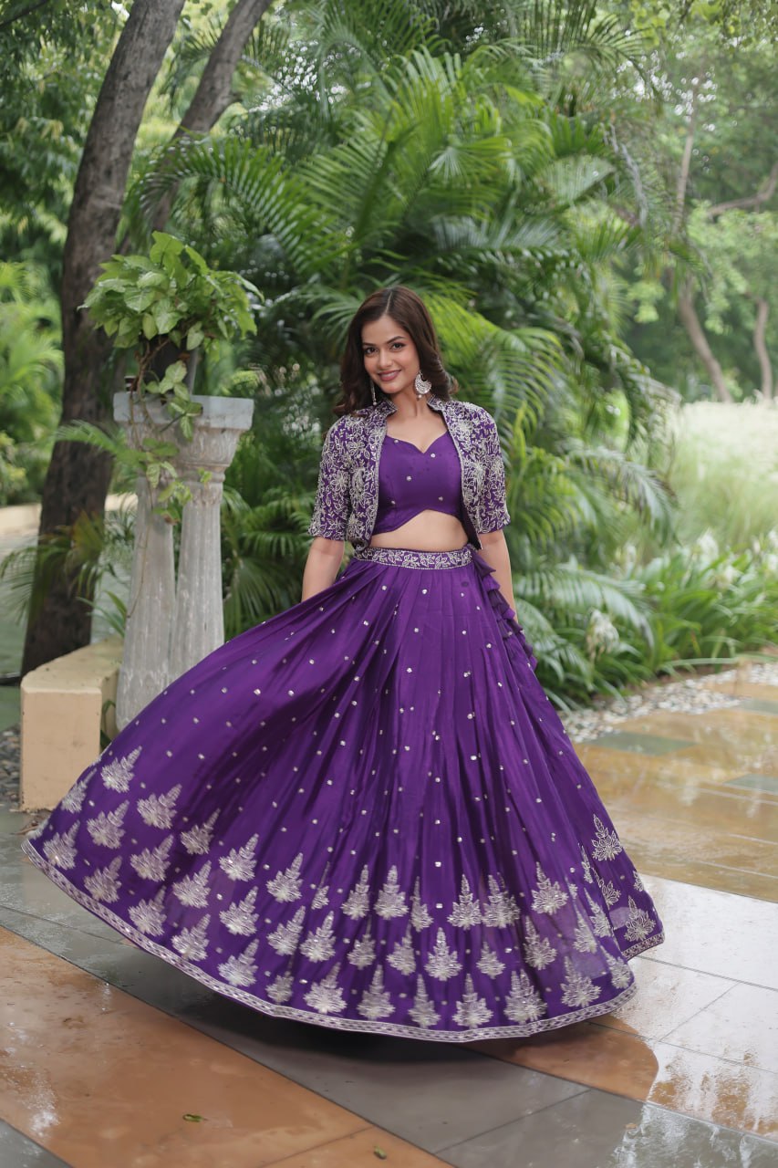 Ravishing Purple Pure Chinon Sequins Embroidered Top Koti Lehenga Set - Ethnicwish