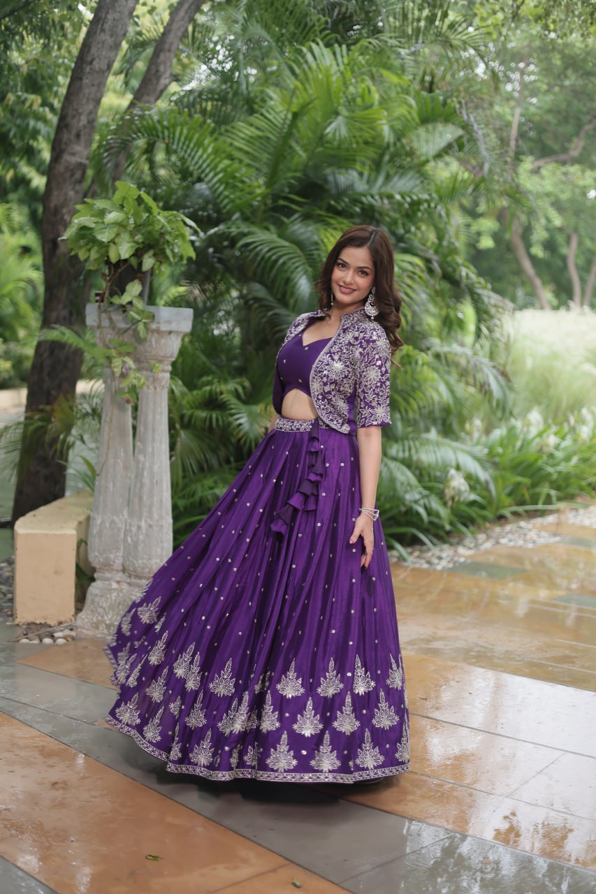 Ravishing Purple Pure Chinon Sequins Embroidered Top Koti Lehenga Set - Ethnicwish