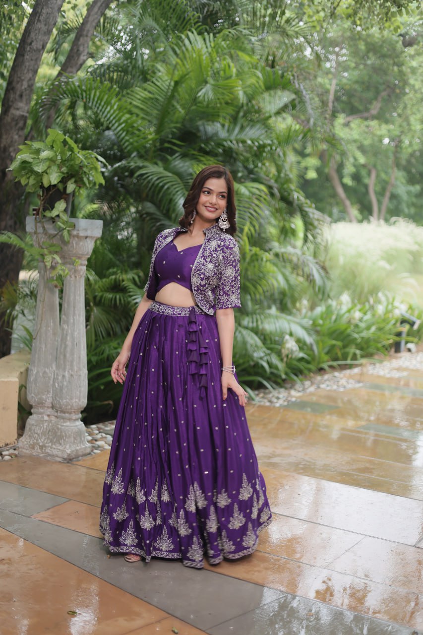 Ravishing Purple Pure Chinon Sequins Embroidered Top Koti Lehenga Set - Ethnicwish