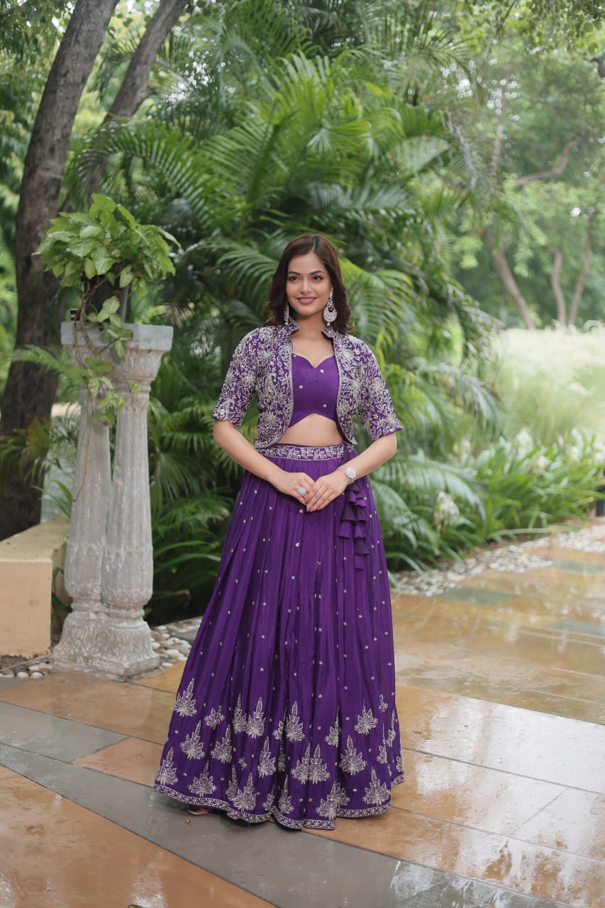 Ravishing Purple Pure Chinon Sequins Embroidered Top Koti Lehenga Set - Ethnicwish