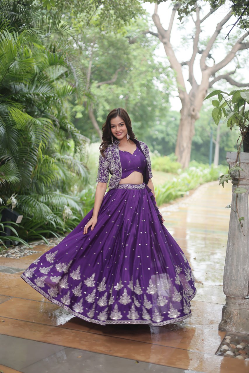 Ravishing Purple Pure Chinon Sequins Embroidered Top Koti Lehenga Set - Ethnicwish