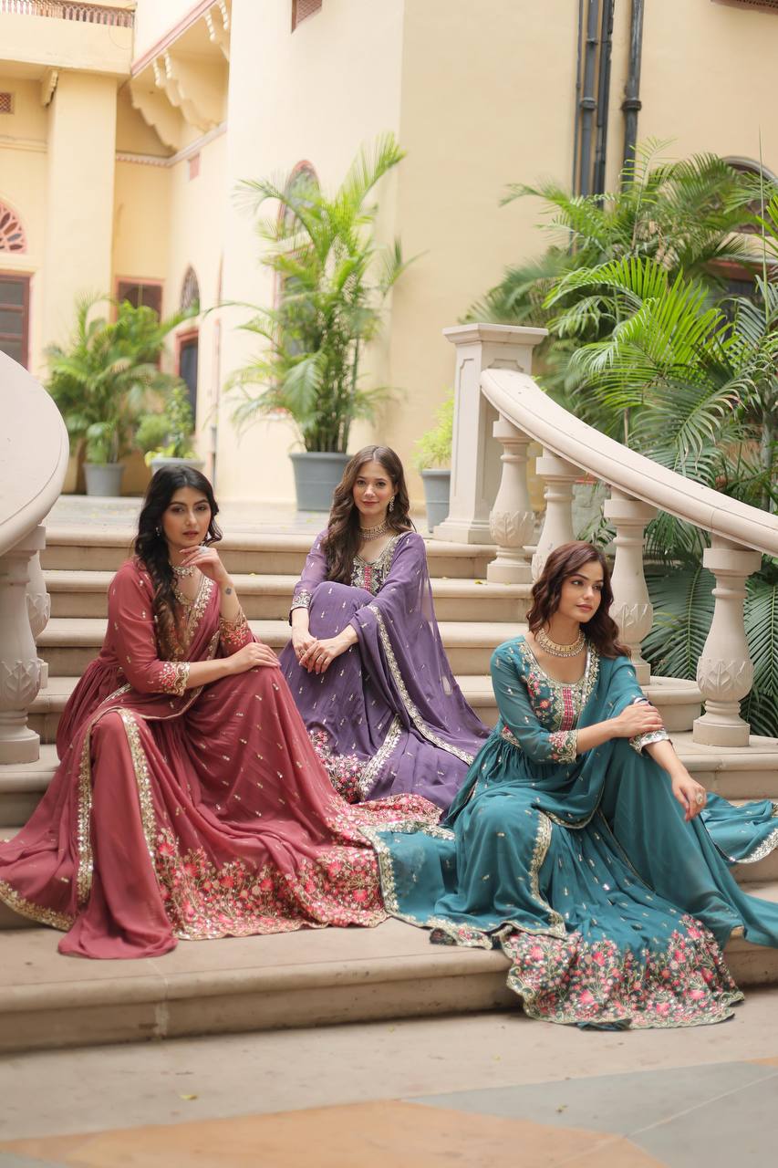 Breathtaking Faux Georgette Rich Sequins Embroidered Top Sharara Suit - Ethnicwish