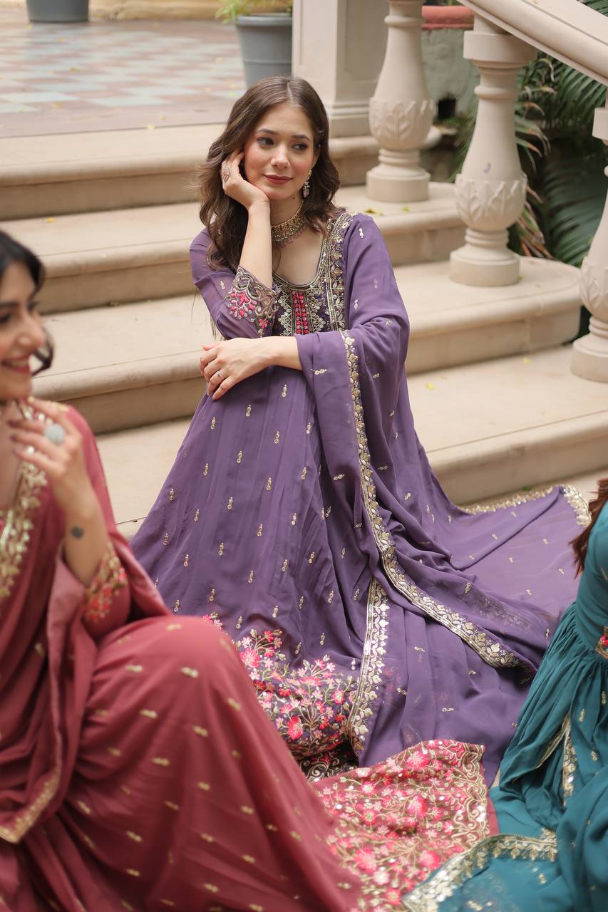 Breathtaking Faux Georgette Rich Sequins Embroidered Top Sharara Suit - Ethnicwish