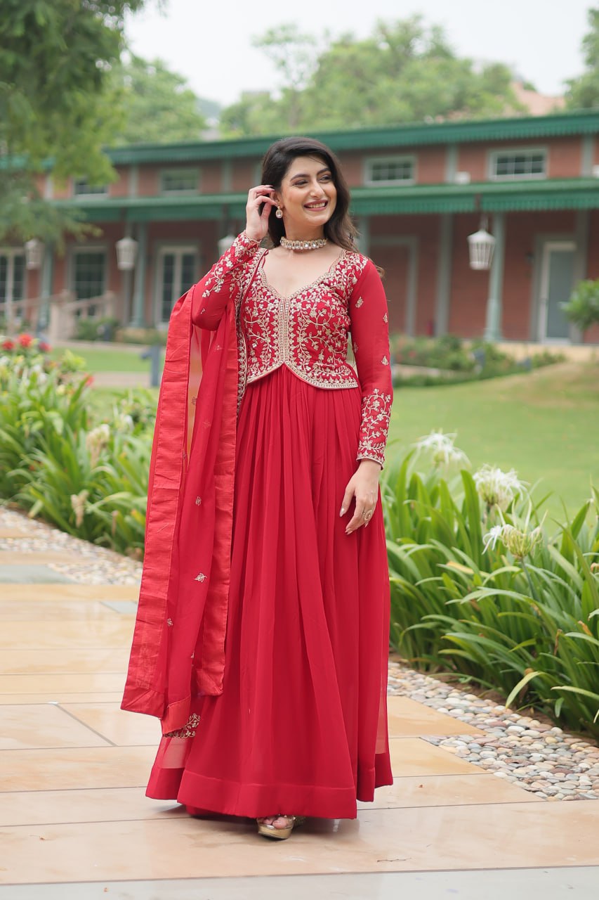 Radiant Faux Georgette Intricate Sequins Embroidered Gown With Dupatta - Ethnicwish