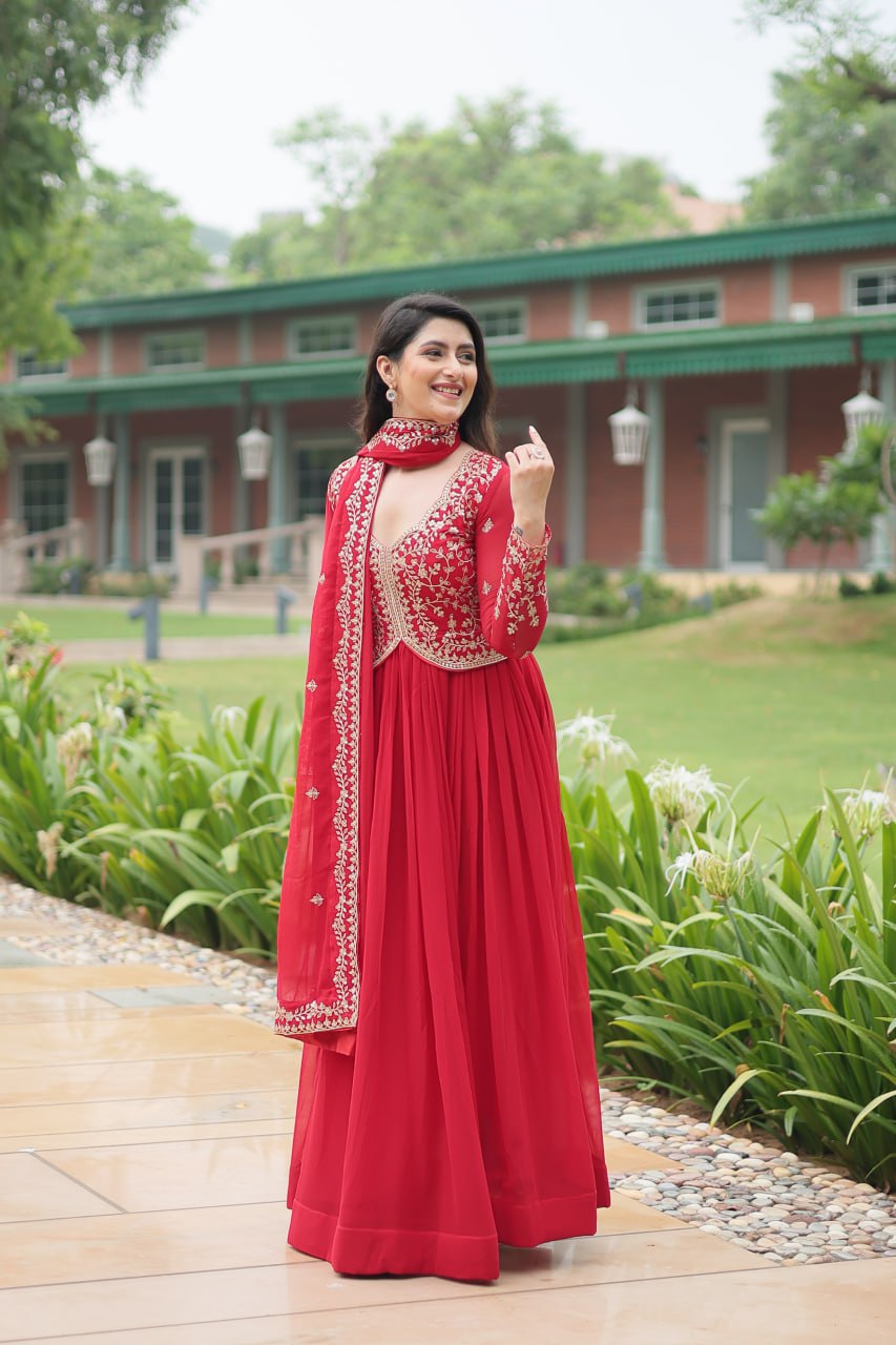 Radiant Faux Georgette Intricate Sequins Embroidered Gown With Dupatta - Ethnicwish
