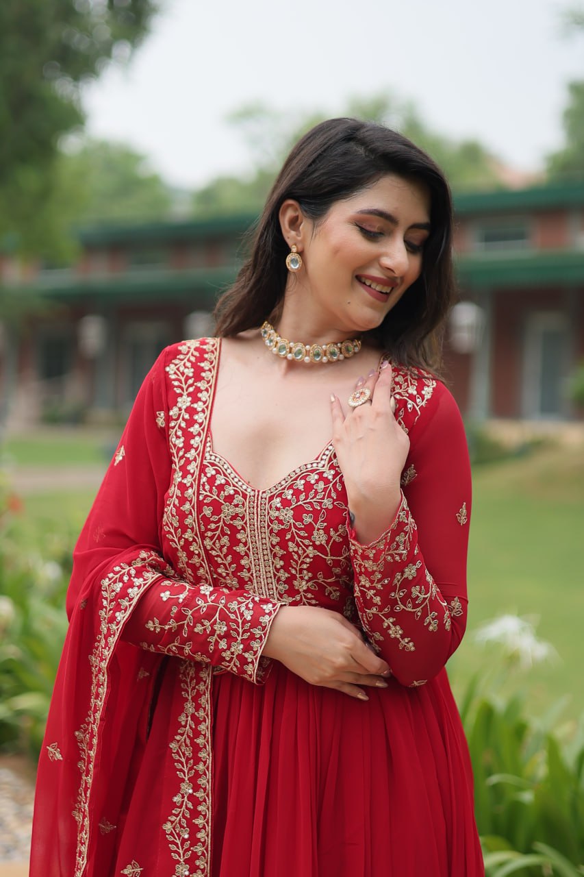 Radiant Faux Georgette Intricate Sequins Embroidered Gown With Dupatta - Ethnicwish