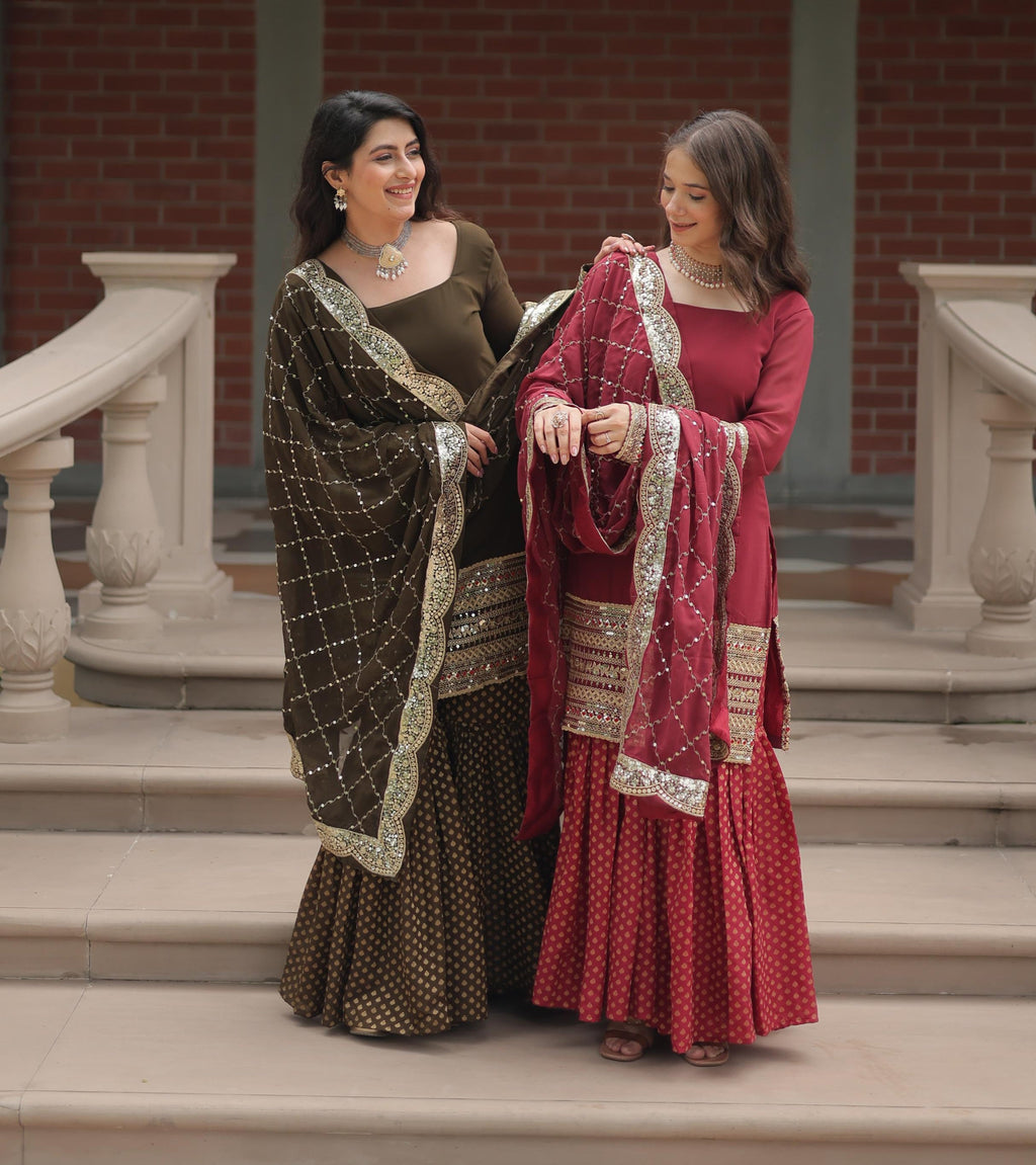 Dashing Faux Georgette Sequins Thread Worked Top Sharara Suit - Ethnicwish