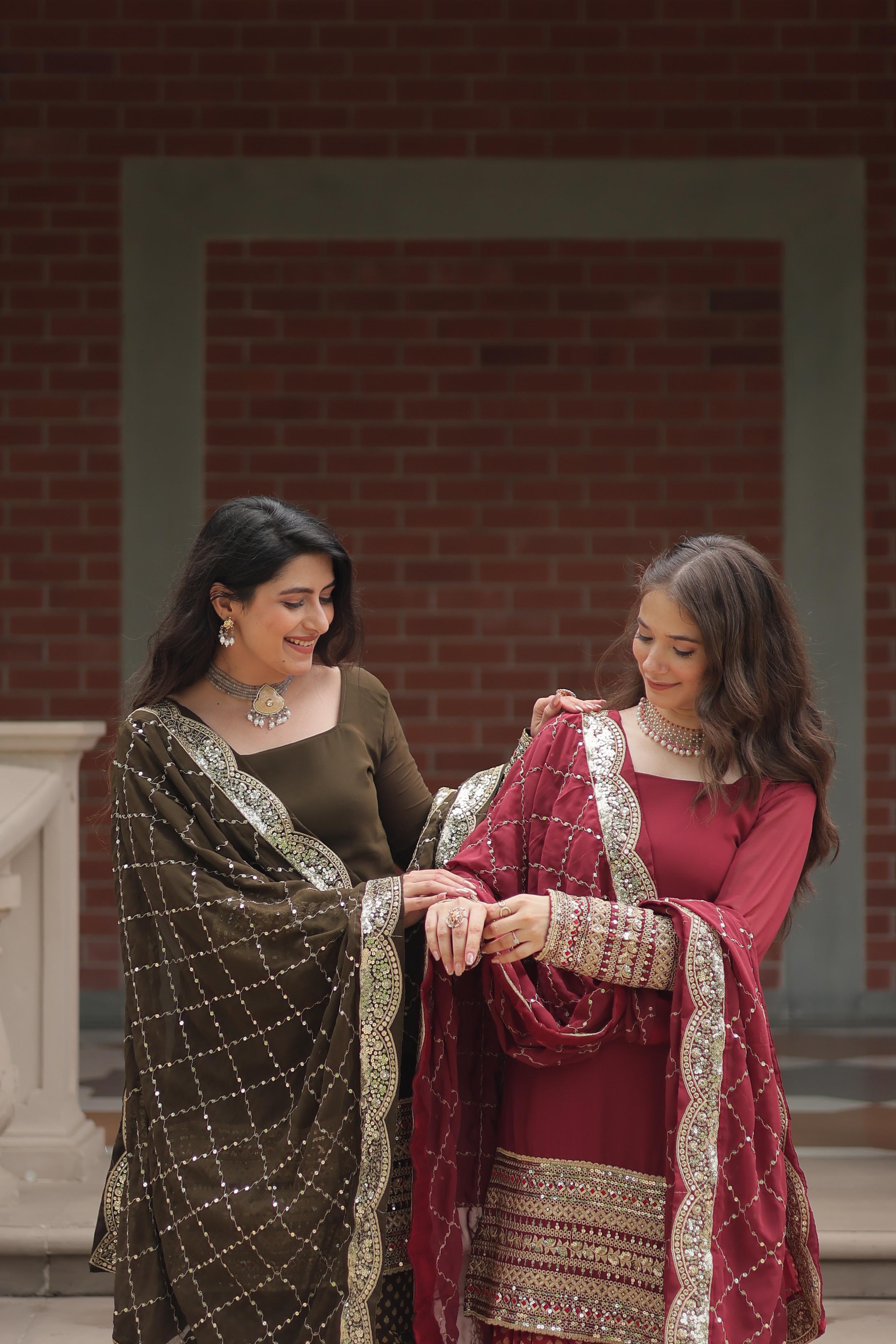 Dashing Faux Georgette Sequins Thread Worked Top Sharara Suit - Ethnicwish