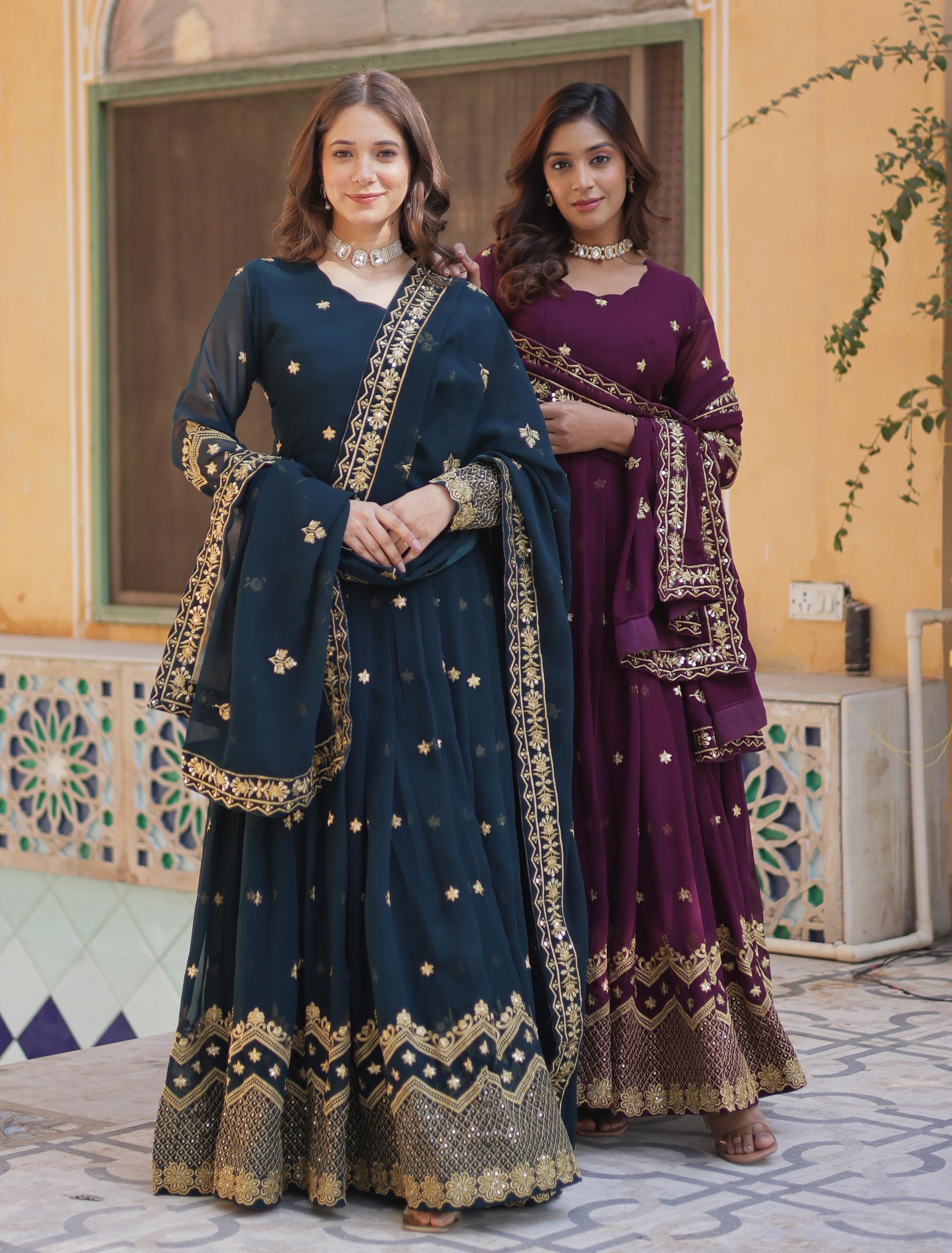 Breathtaking Faux Georgette Zari Sequins Embroidered Gown With Dupatta - Ethnicwish