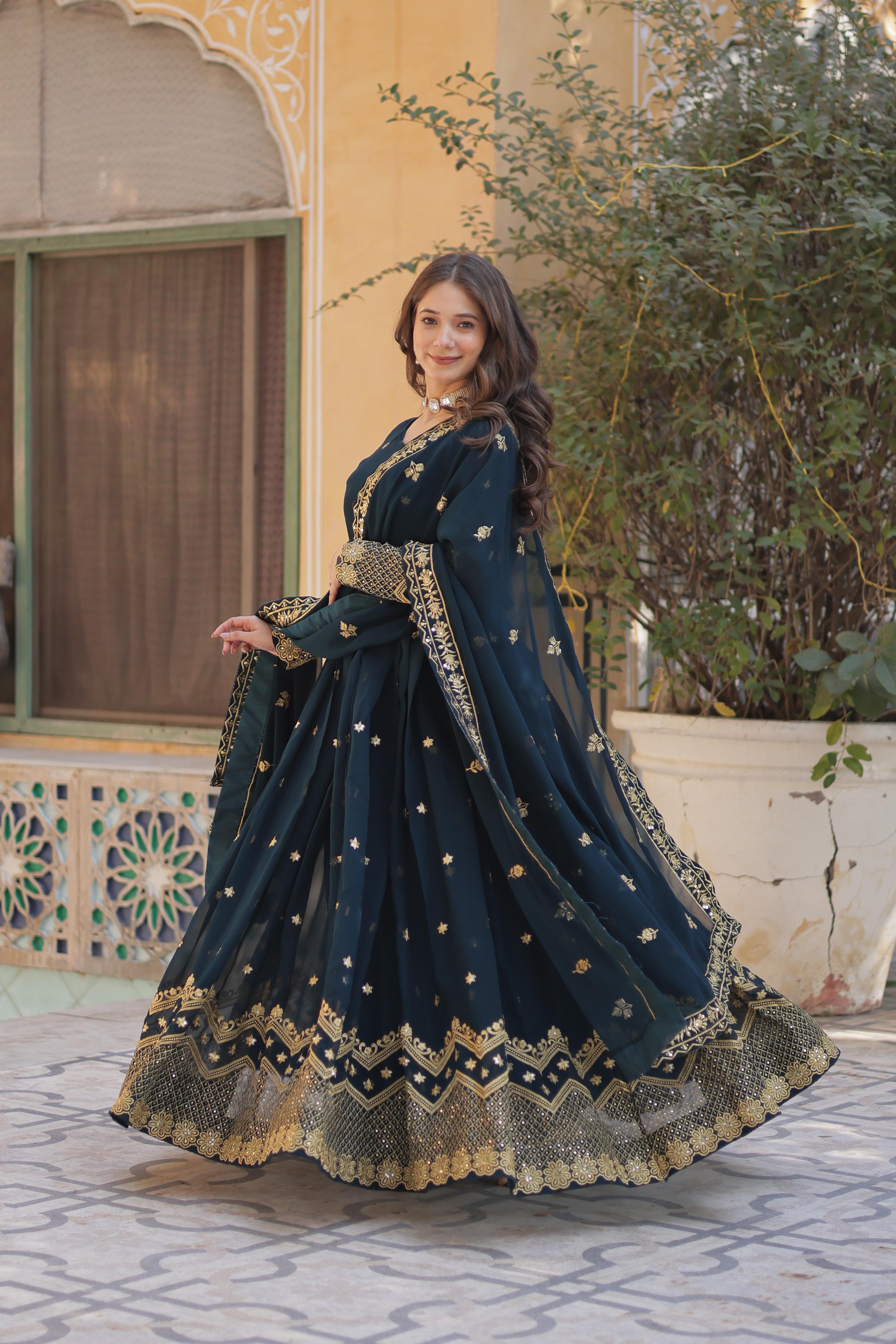 Breathtaking Faux Georgette Zari Sequins Embroidered Gown With Dupatta - Ethnicwish