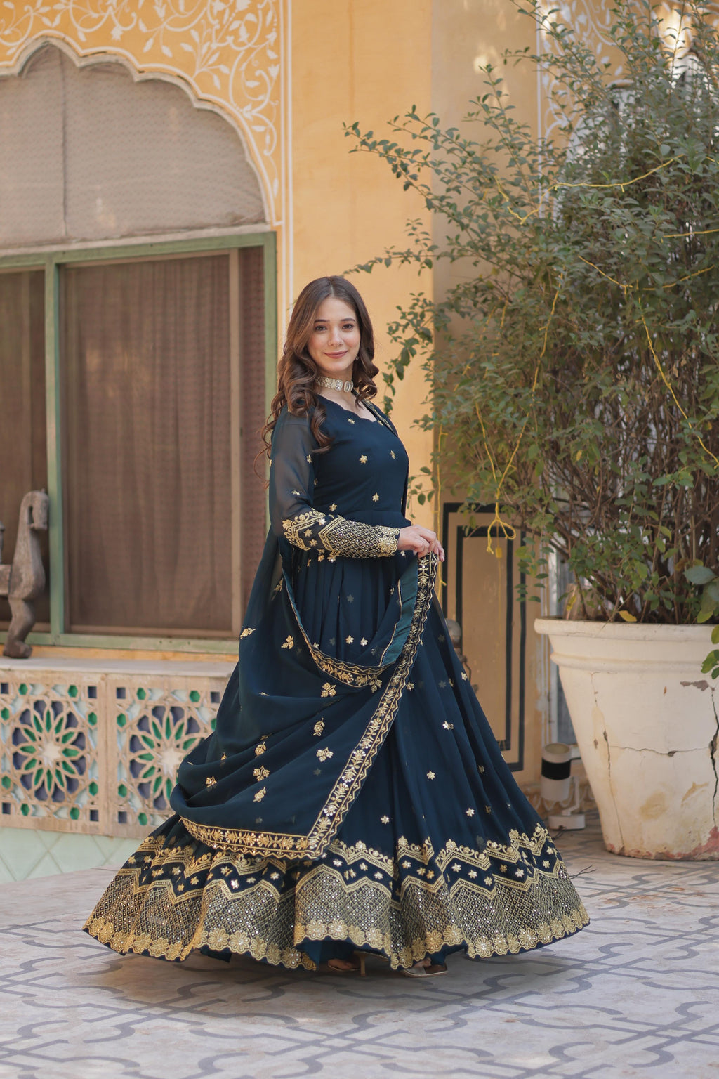 Breathtaking Faux Georgette Zari Sequins Embroidered Gown With Dupatta - Ethnicwish