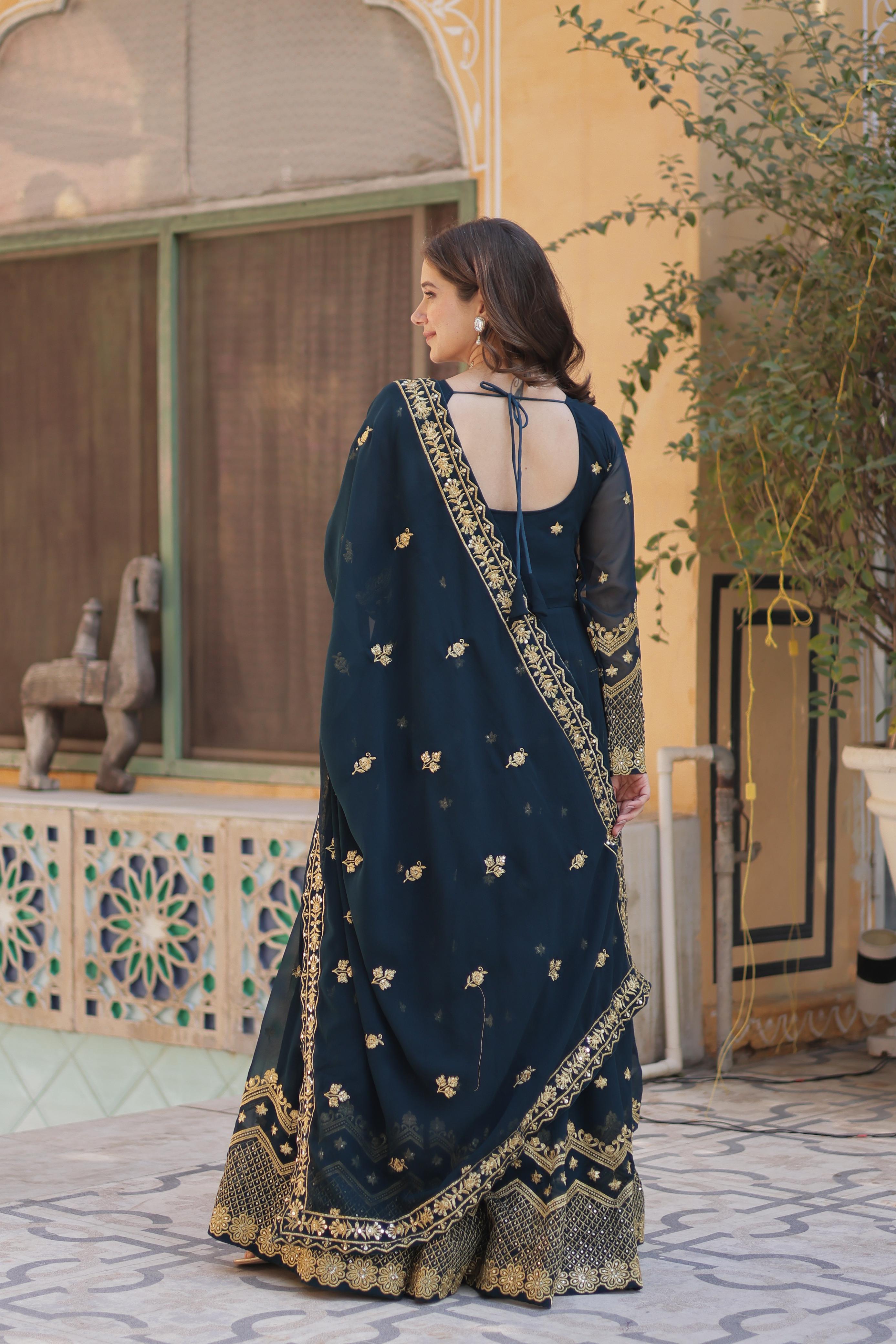 Breathtaking Faux Georgette Zari Sequins Embroidered Gown With Dupatta - Ethnicwish