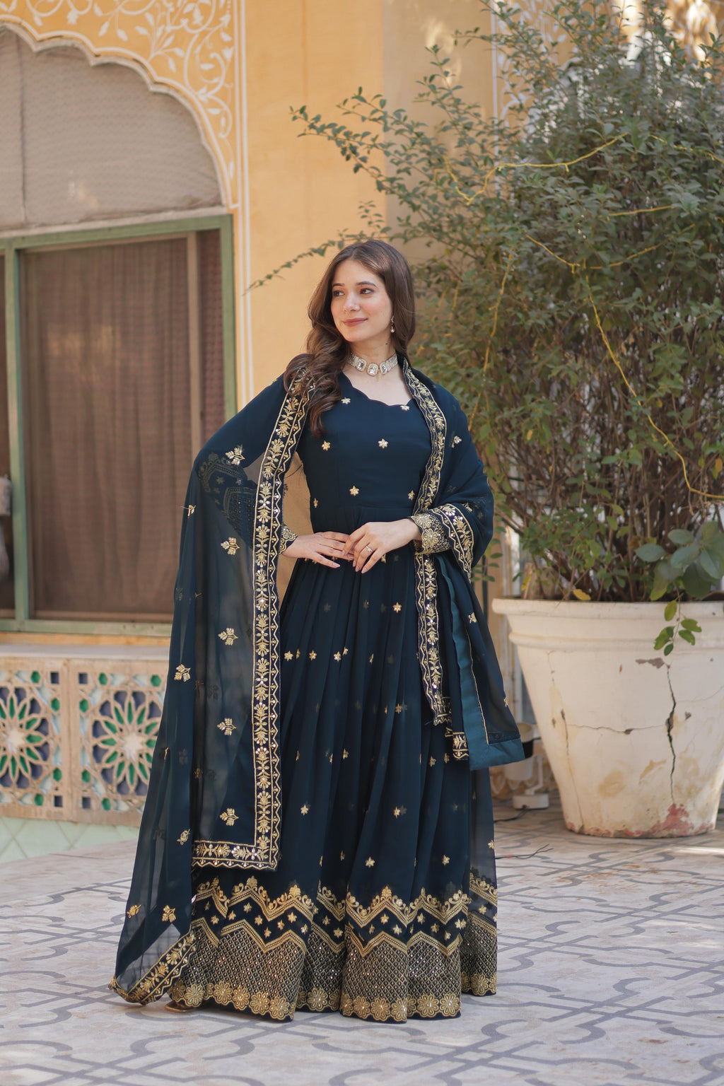 Breathtaking Faux Georgette Zari Sequins Embroidered Gown With Dupatta - Ethnicwish