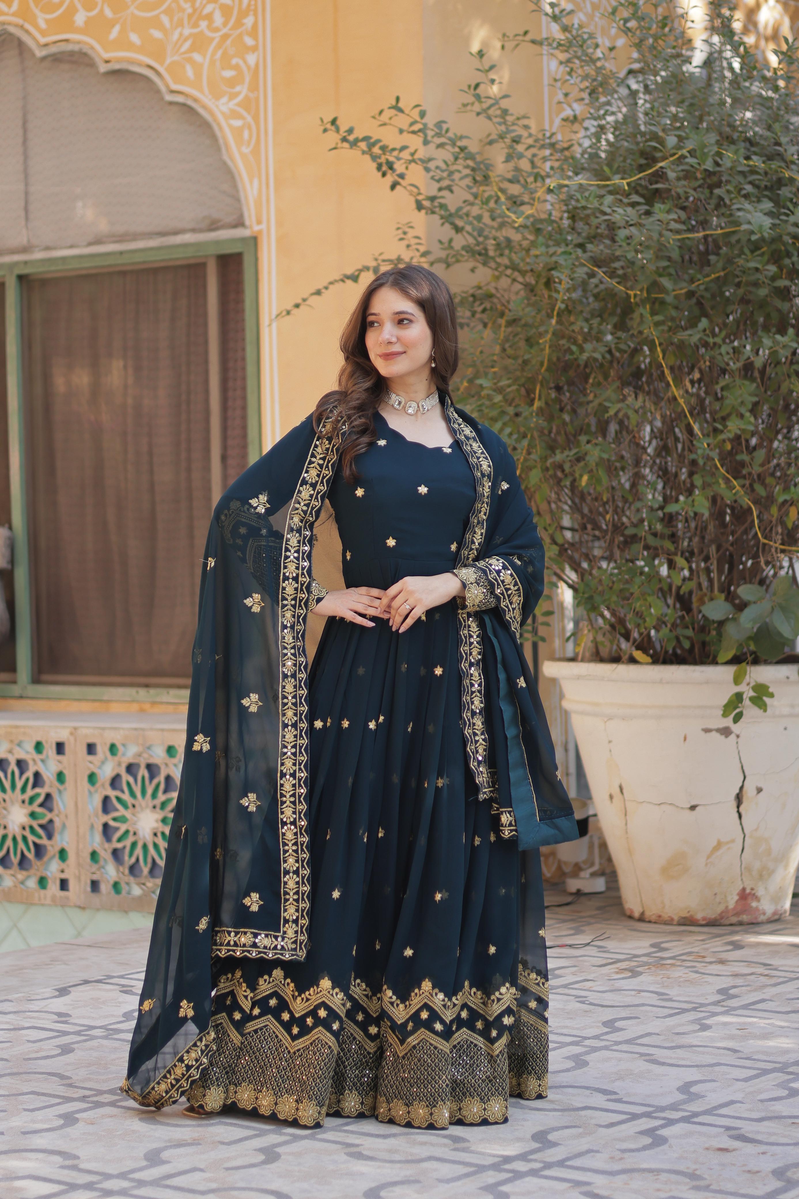 Breathtaking Faux Georgette Zari Sequins Embroidered Gown With Dupatta - Ethnicwish
