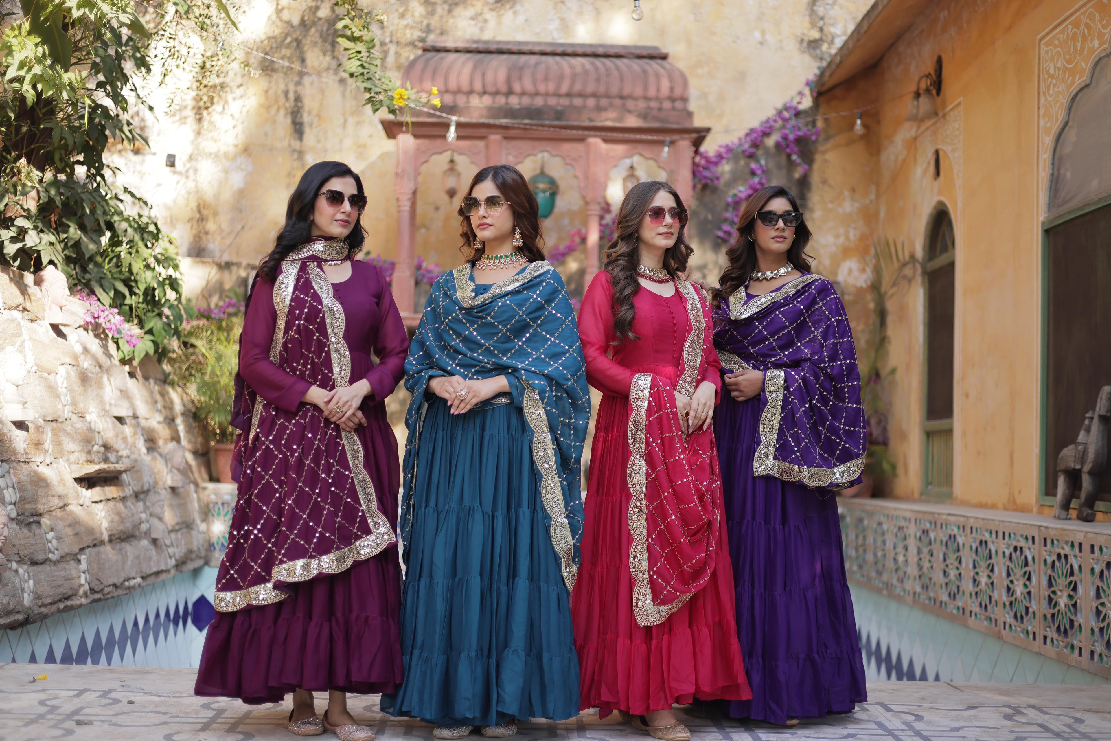 Sttuning 15 Mtr Flared Georgette Stitched Designer Ruffle Gown - Ethnicwish